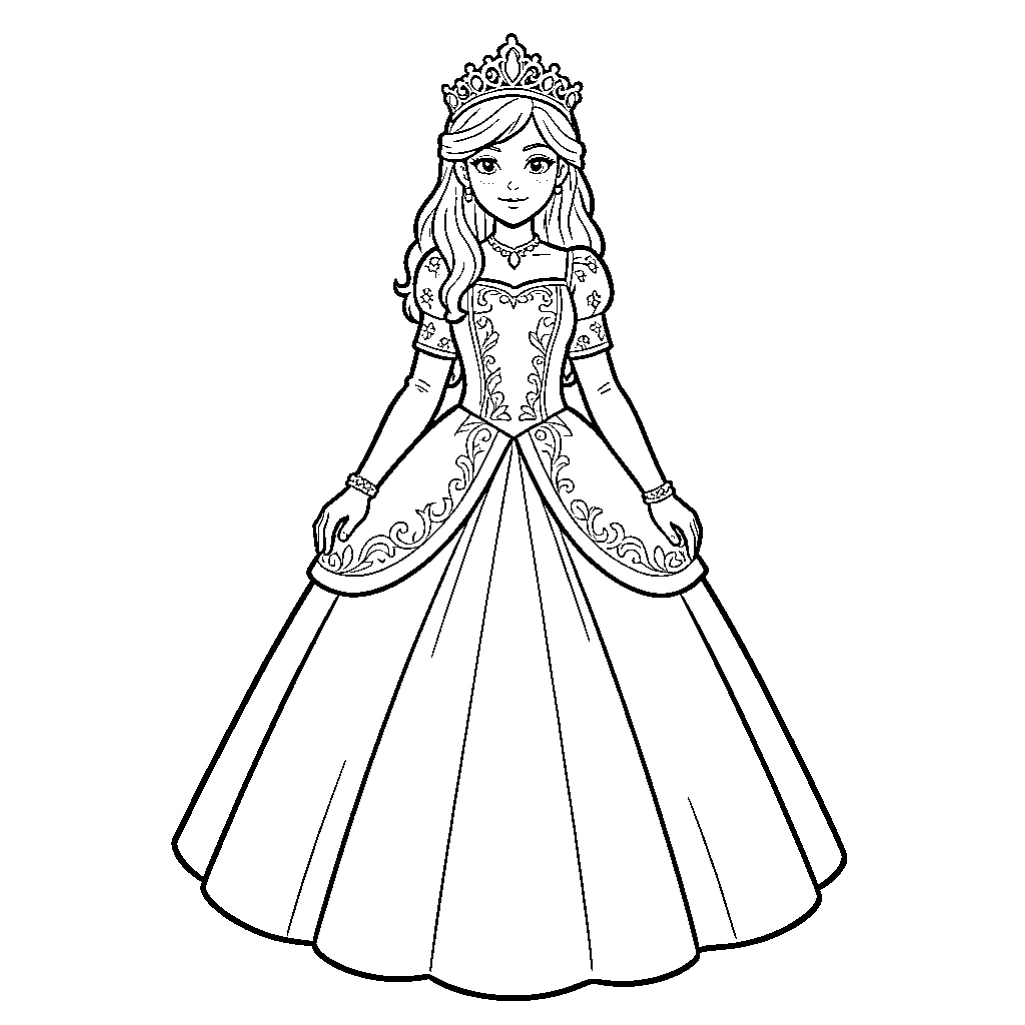 Princess wearing a crown and elegant gown Coloring Page (free black-and-white line drawing printable PDF for all, from beginners to advanced learners, including children, teens, adults, and seniors)