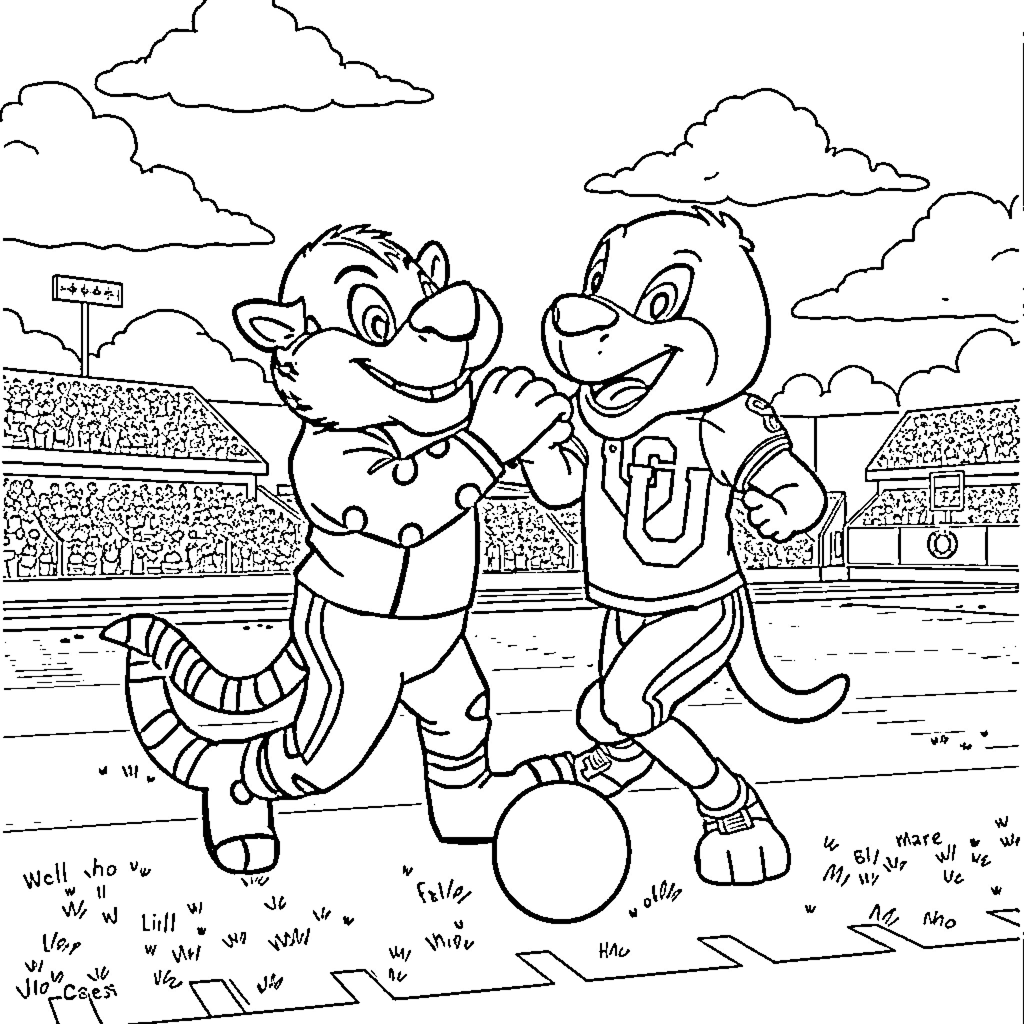 Mascot characters playing on sports field Coloring Page (free black-and-white line drawing printable PDF for all, from beginners to advanced learners, including children, teens, adults, and seniors)