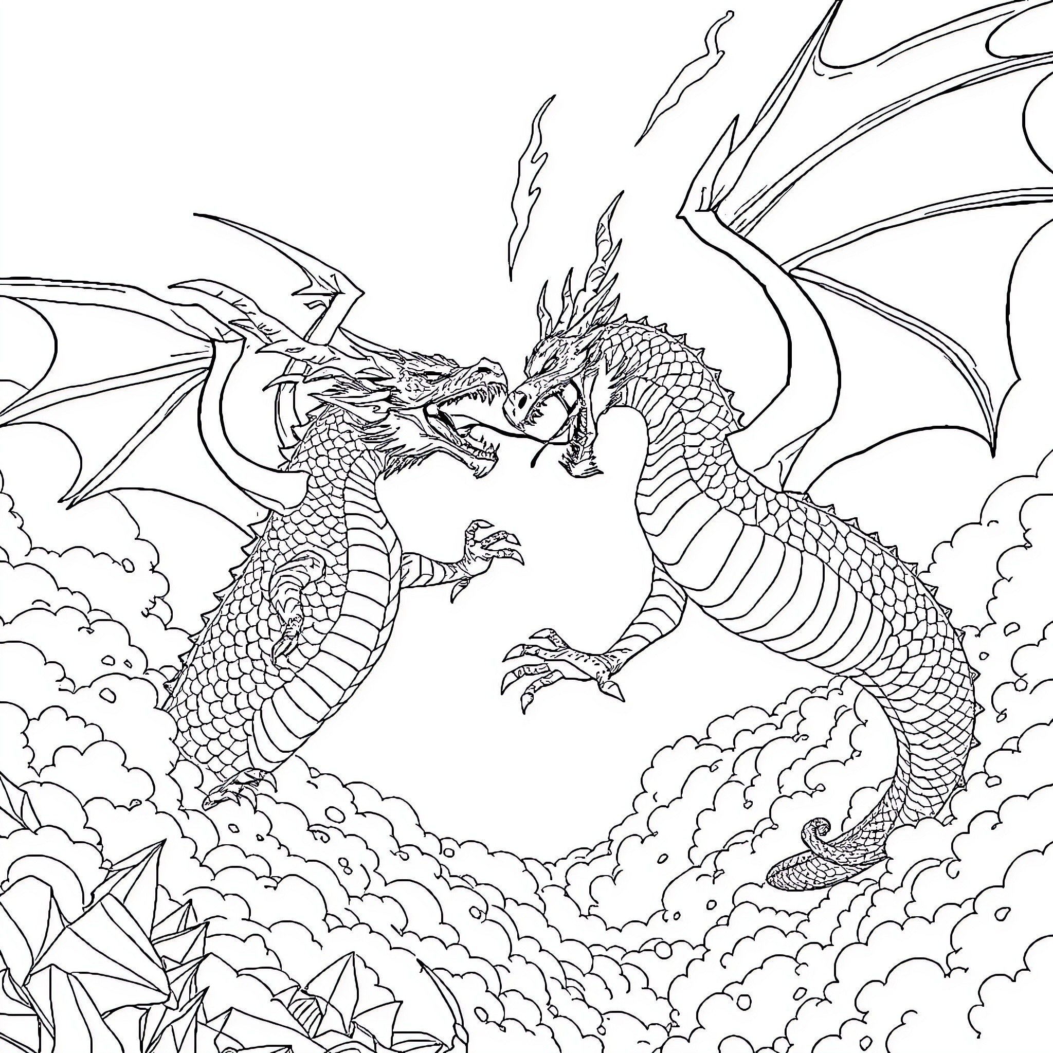 Dragon soaring majestically through the clouds Coloring Page (free black-and-white line drawing printable PDF for all, from beginners to advanced learners, including children, teens, adults, and seniors)