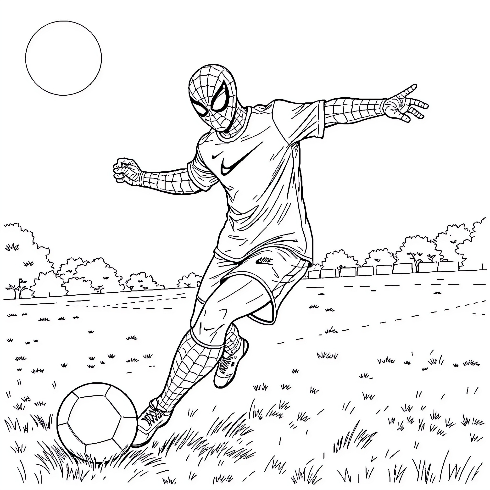 Spiderman playing soccer in a grassy field Coloring Page (free black-and-white line drawing printable PDF for all, from beginners to advanced learners, including children, teens, adults, and seniors)