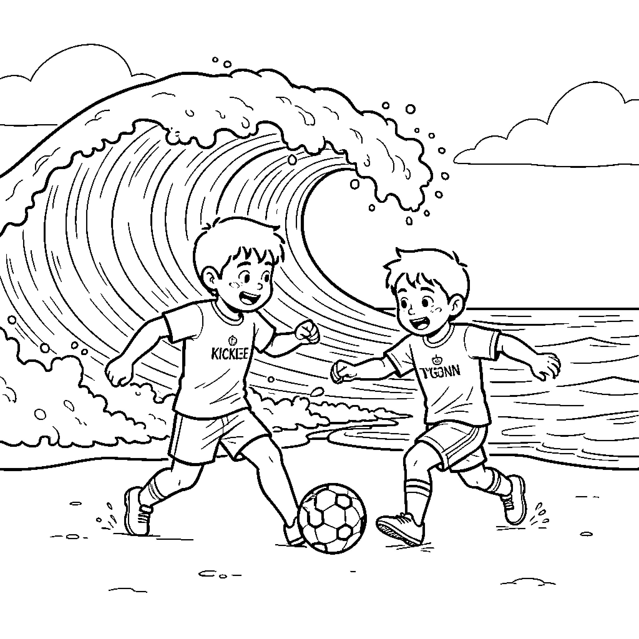 Kicklee boys playing soccer on the beach near waves Coloring Page (free black-and-white line drawing printable PDF for all, from beginners to advanced learners, including children, teens, adults, and seniors)