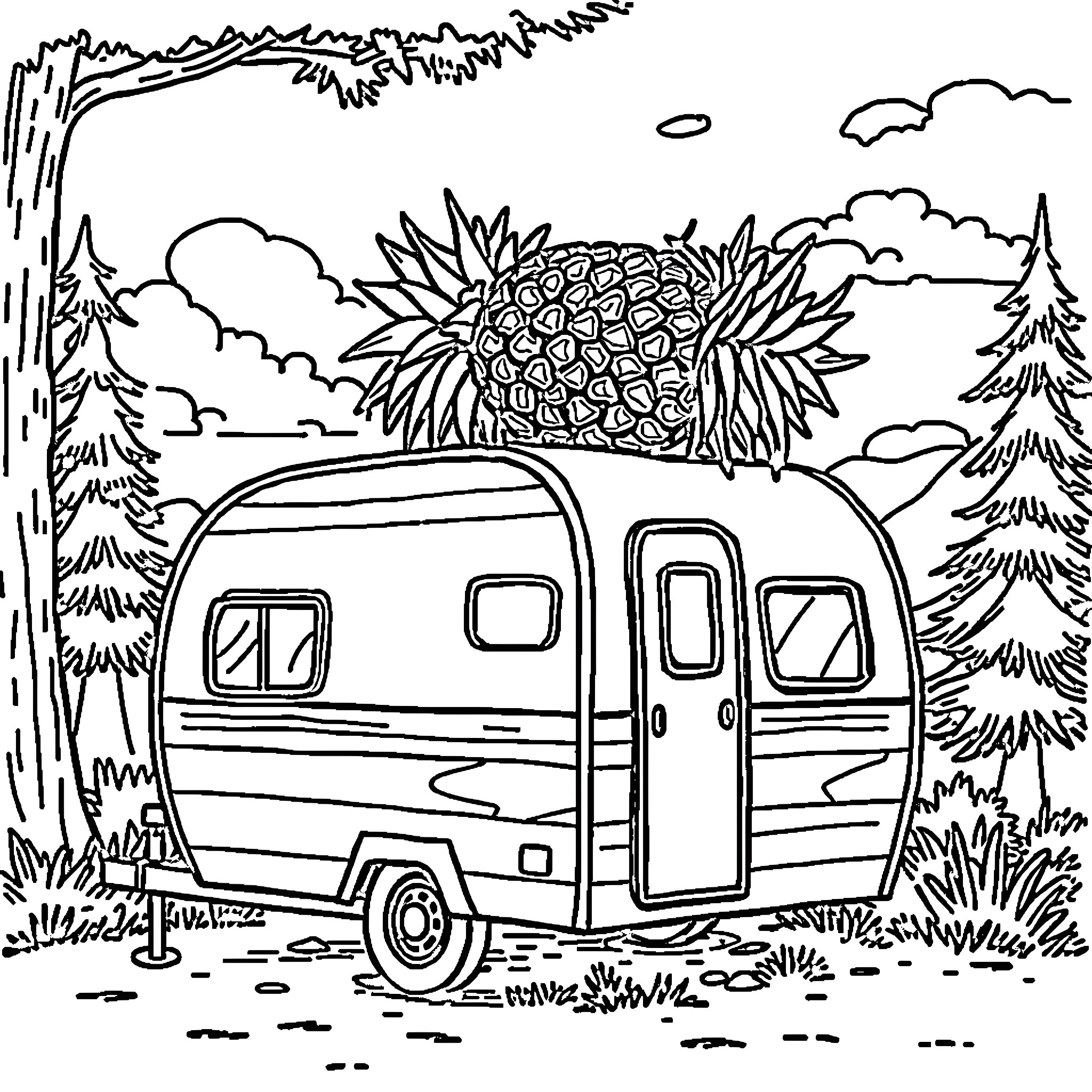 Pineapple Camper Adventure in the Woods Coloring Page (free black-and-white line drawing printable PDF for all, from beginners to advanced learners, including children, teens, adults, and seniors)