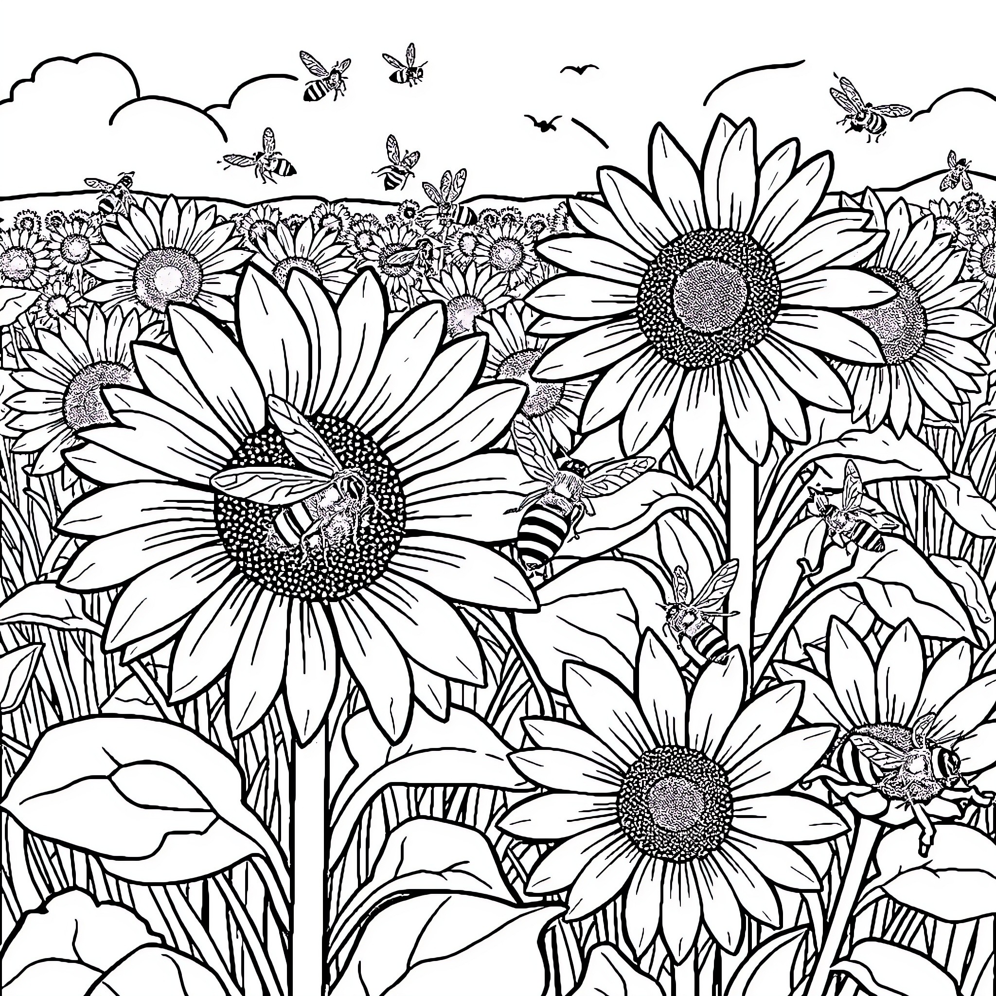 Bee enjoying the vibrant sunflower field Coloring Page (free black-and-white line drawing printable PDF for all, from beginners to advanced learners, including children, teens, adults, and seniors)