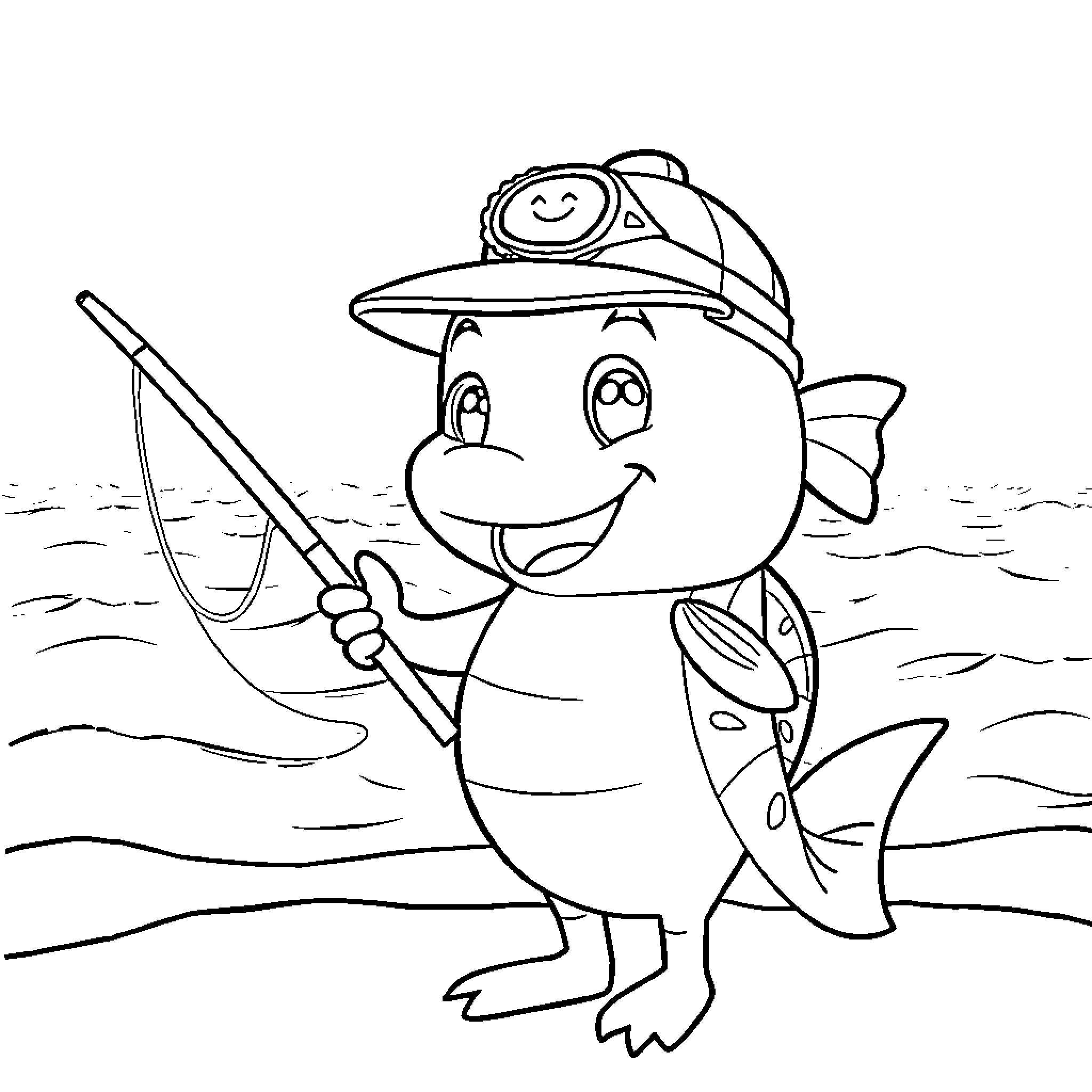 Fisher having fun with fishing rod Coloring Page (free black-and-white line drawing printable PDF for all, from beginners to advanced learners, including children, teens, adults, and seniors)