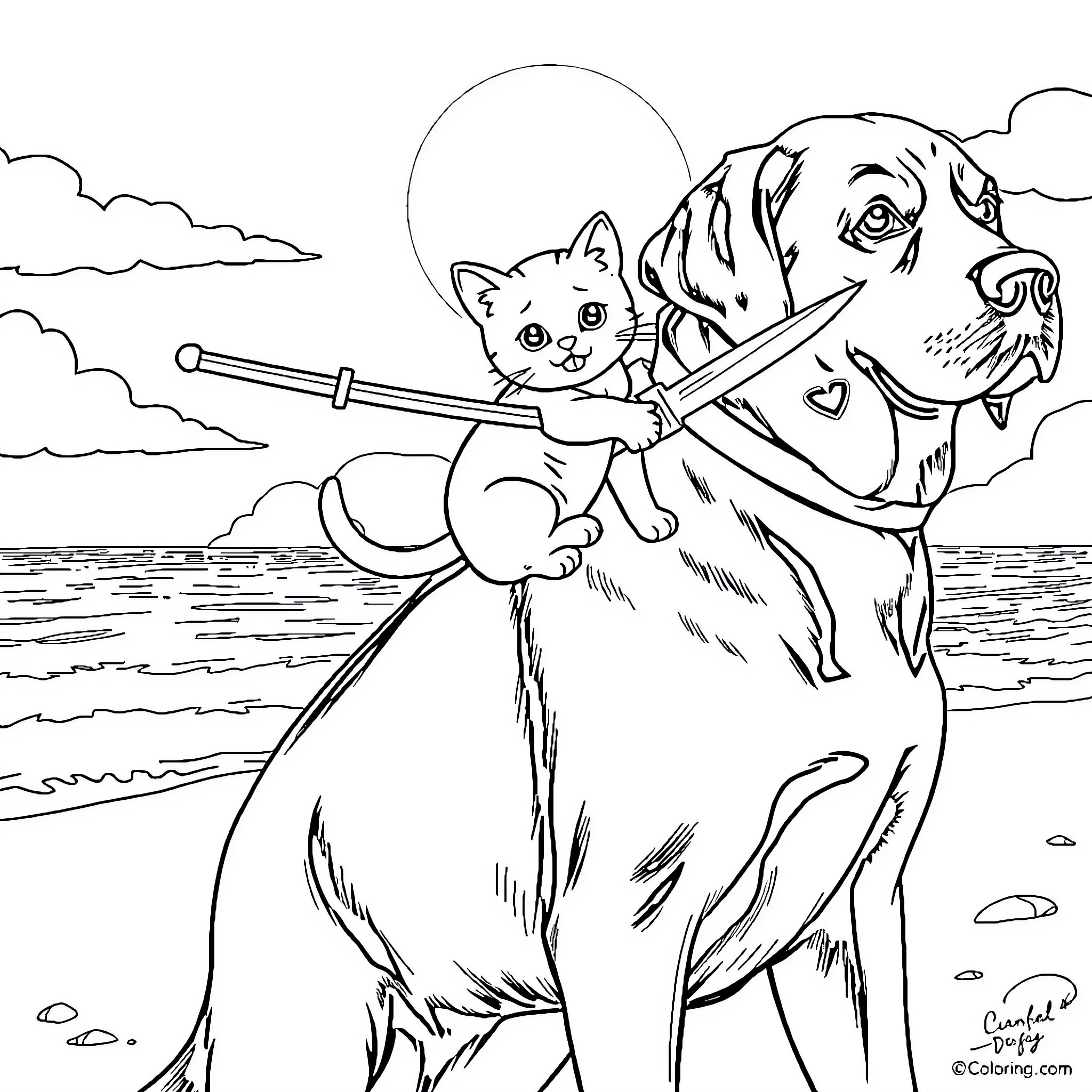 Cat riding a dog on the beach Coloring Page (free black-and-white line drawing printable PDF for all, from beginners to advanced learners, including children, teens, adults, and seniors)