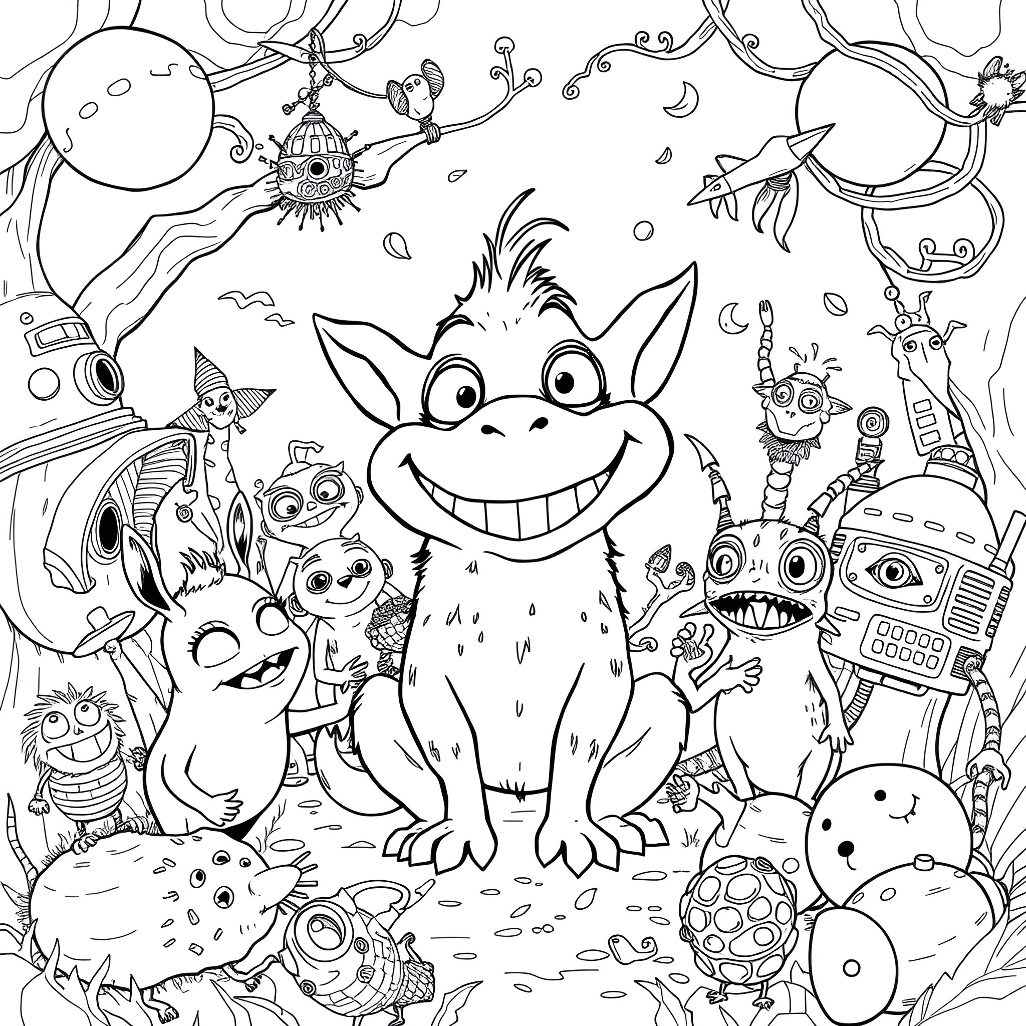 Labubu's Fantastical Adventure with Whimsical Creatures Coloring Page (free black-and-white line drawing printable PDF for all, from beginners to advanced learners, including children, teens, adults, and seniors)