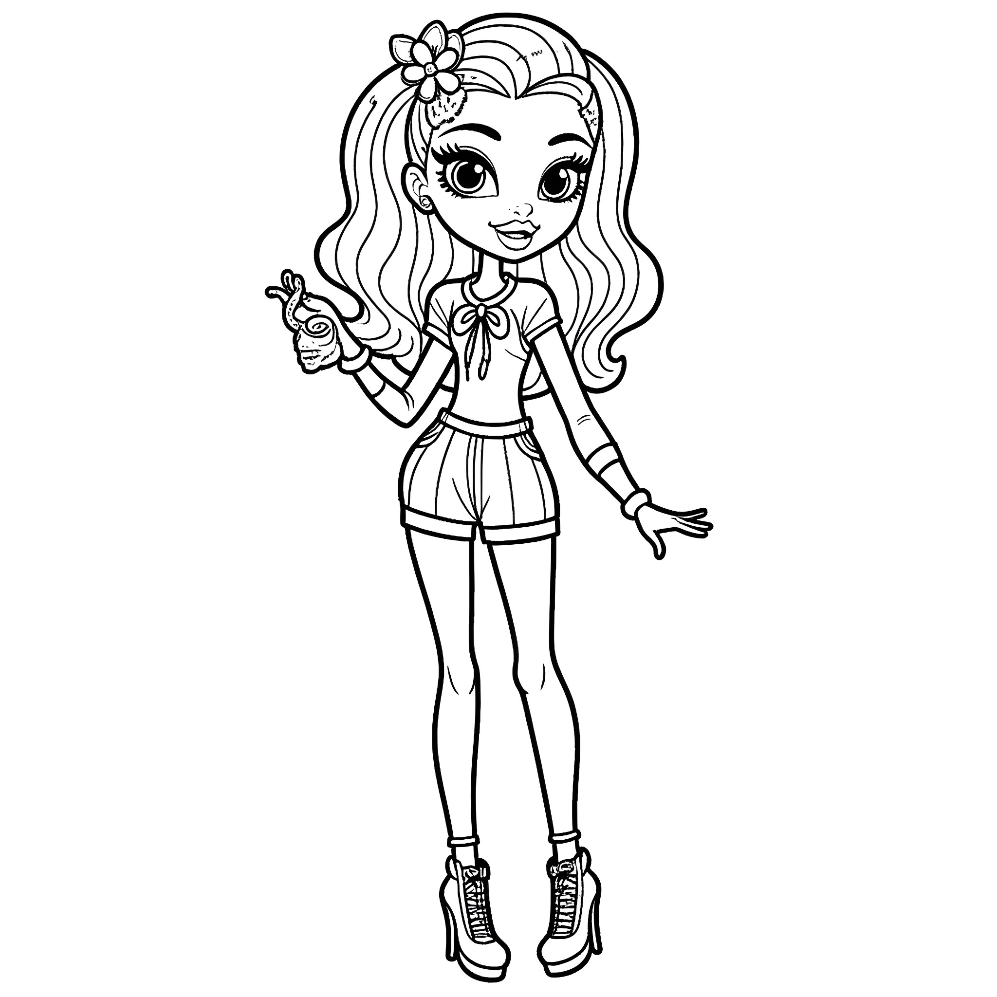 Frankie Stein posing playfully in her stylish outfit Coloring Page (free black-and-white line drawing printable PDF for all, from beginners to advanced learners, including children, teens, adults, and seniors)
