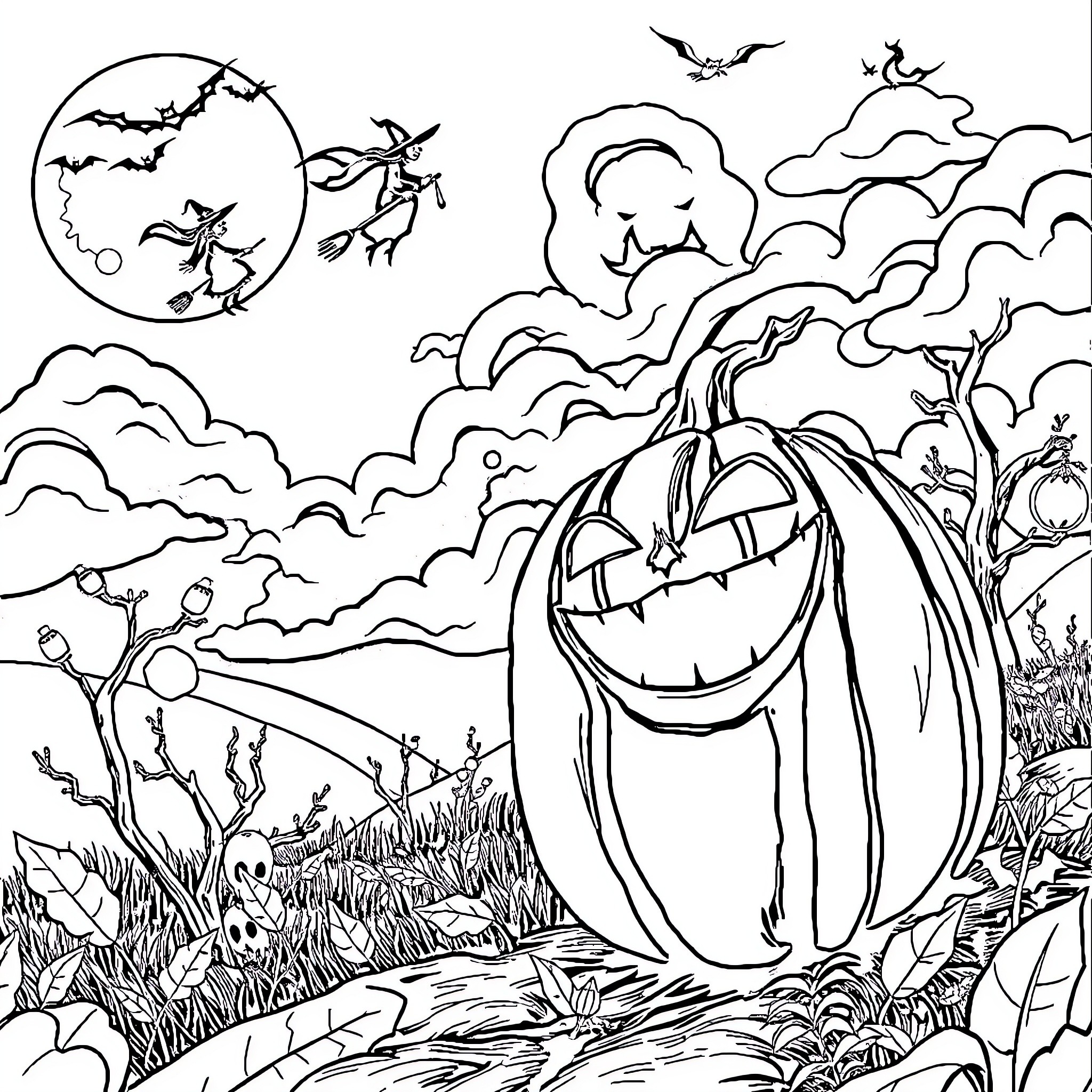 Halloween Jack-o'-lantern scene with flying bats Coloring Page (free black-and-white line drawing printable PDF for all, from beginners to advanced learners, including children, teens, adults, and seniors)