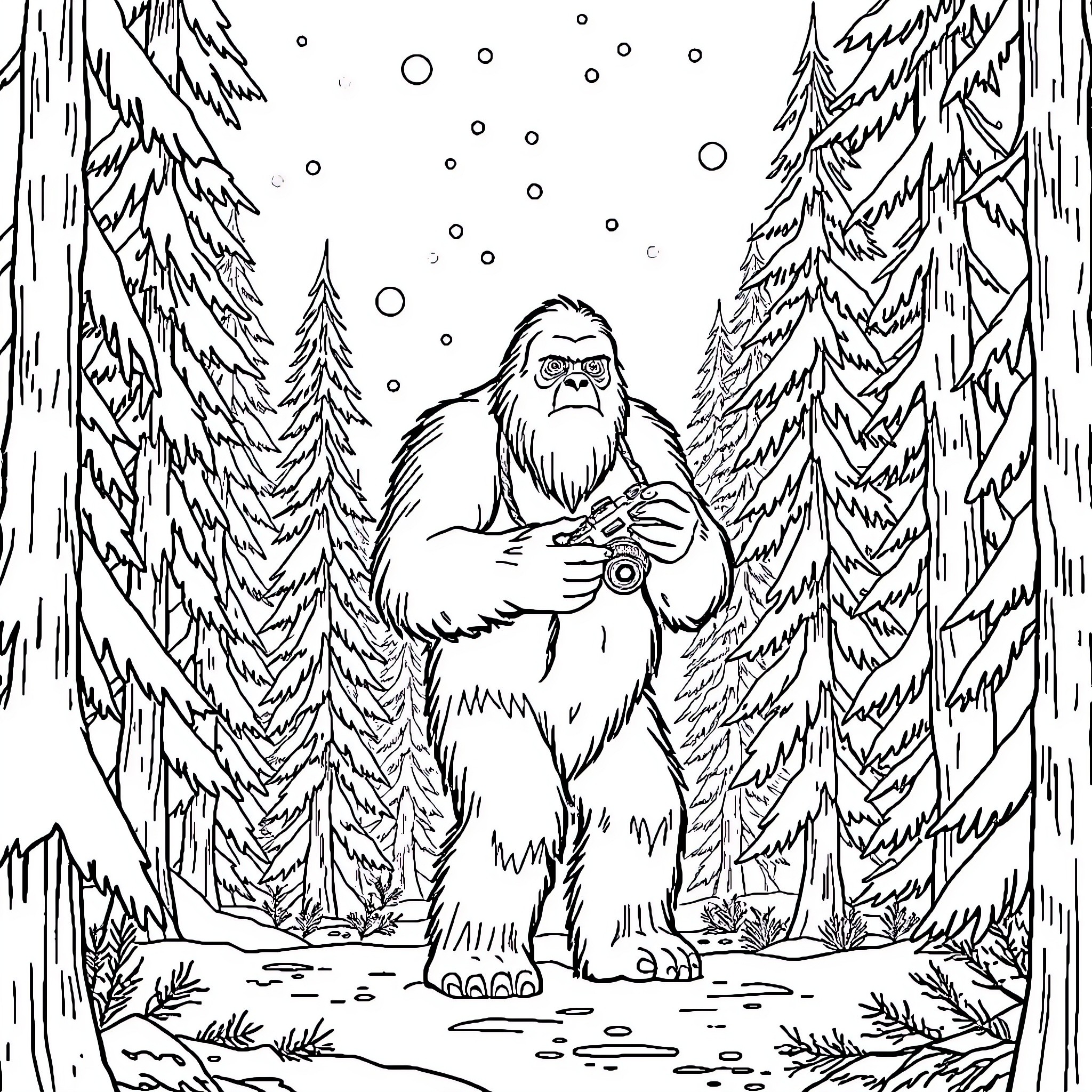 Bigfoot taking a snowy stroll through the forest Coloring Page (free black-and-white line drawing printable PDF for all, from beginners to advanced learners, including children, teens, adults, and seniors)