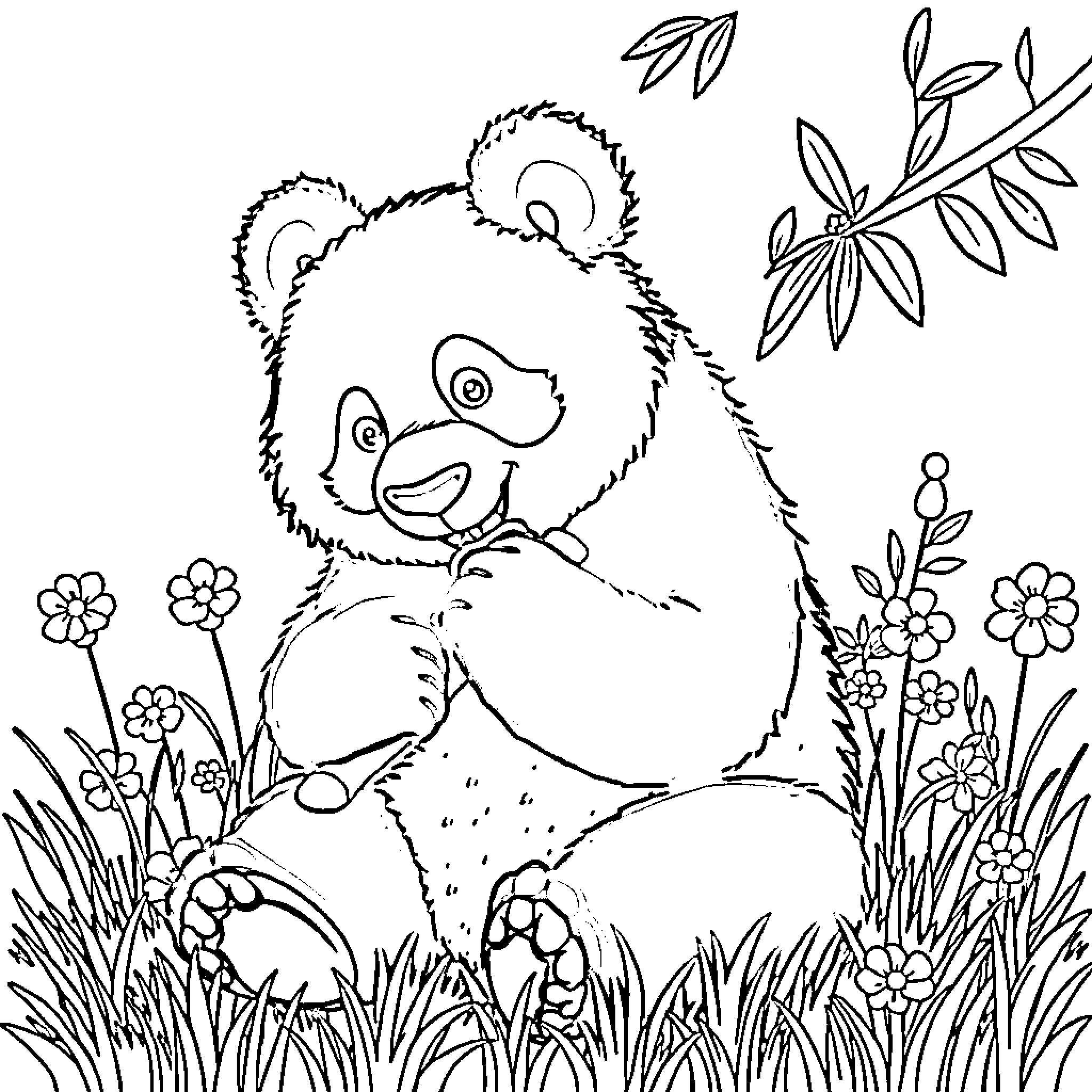Panda relaxing in floral garden Coloring Page (free black-and-white line drawing printable PDF for all, from beginners to advanced learners, including children, teens, adults, and seniors)