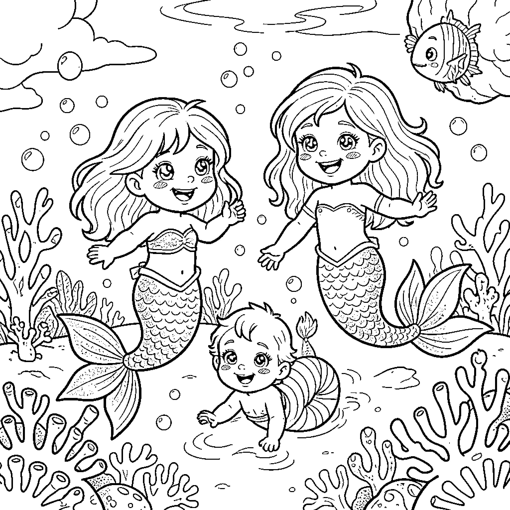 Mermaid sisters playing joyfully underwater Coloring Page (free black-and-white line drawing printable PDF for all, from beginners to advanced learners, including children, teens, adults, and seniors)