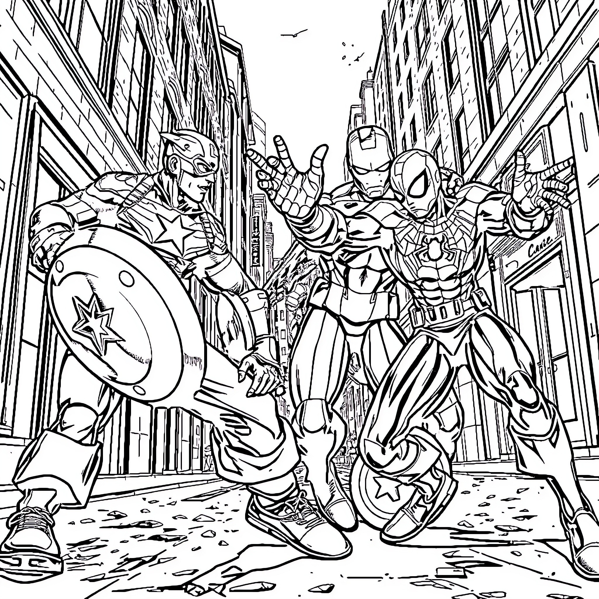 Captain America and Superhero Friends in Action Coloring Page (free black-and-white line drawing printable PDF for all, from beginners to advanced learners, including children, teens, adults, and seniors)