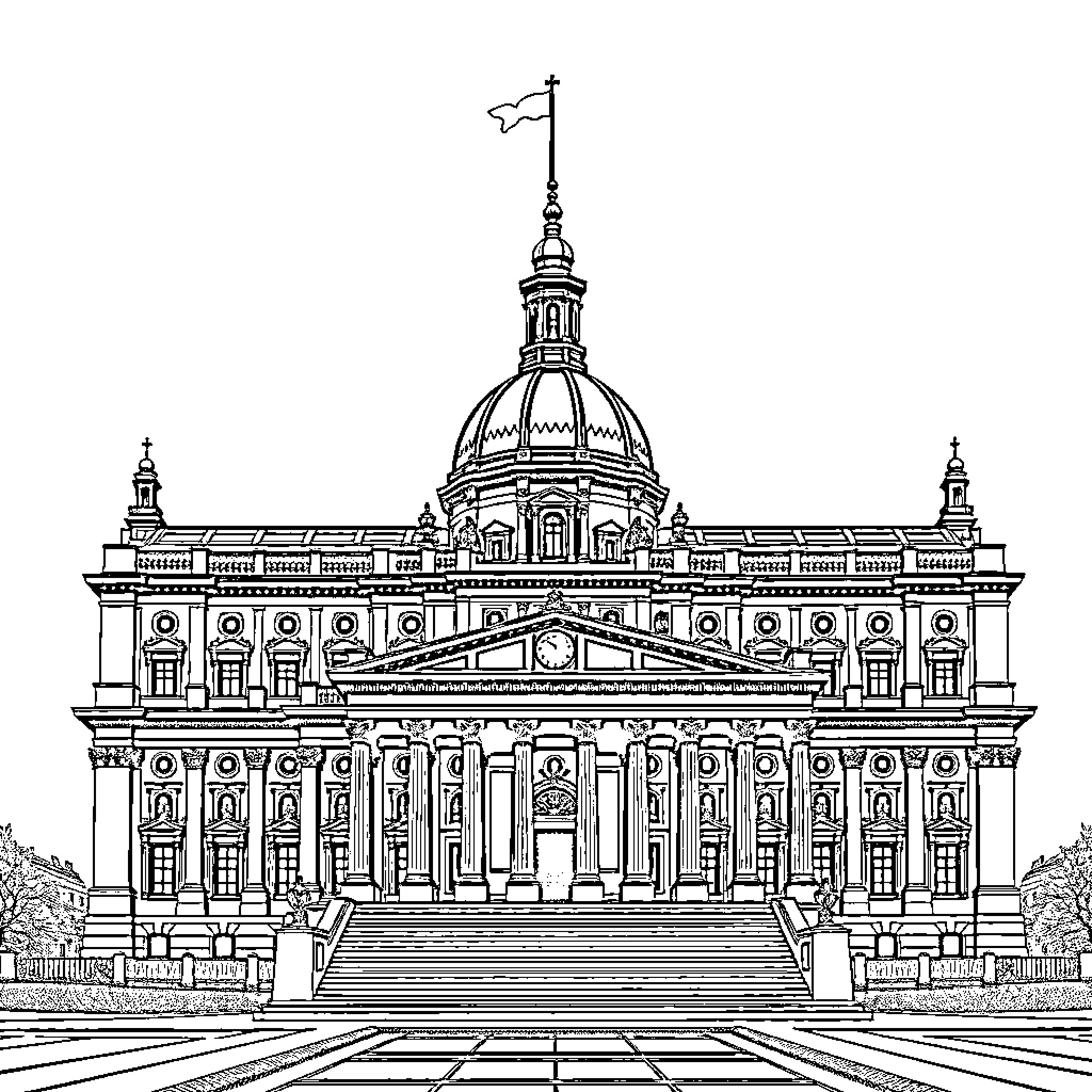 Parliament Building with Ornate Architecture and Design Coloring Page (free black-and-white line drawing printable PDF for all, from beginners to advanced learners, including children, teens, adults, and seniors)