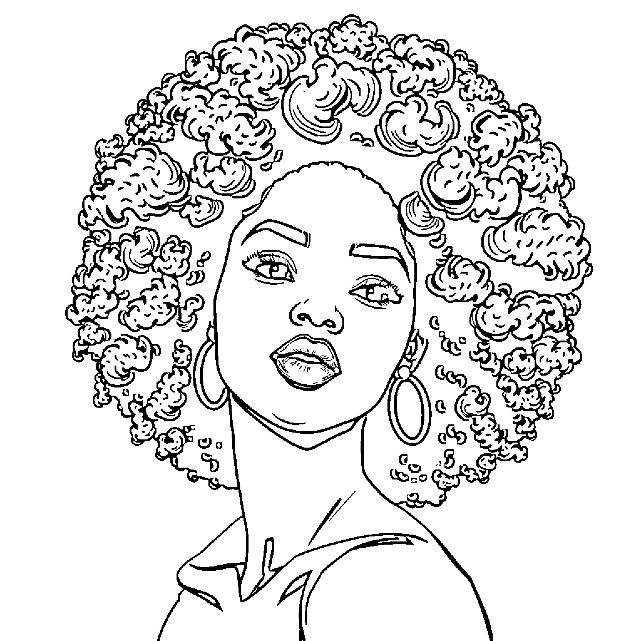 Woman with Curly Hair Expressing Emotions Coloring Page (free black-and-white line drawing printable PDF for all, from beginners to advanced learners, including children, teens, adults, and seniors)