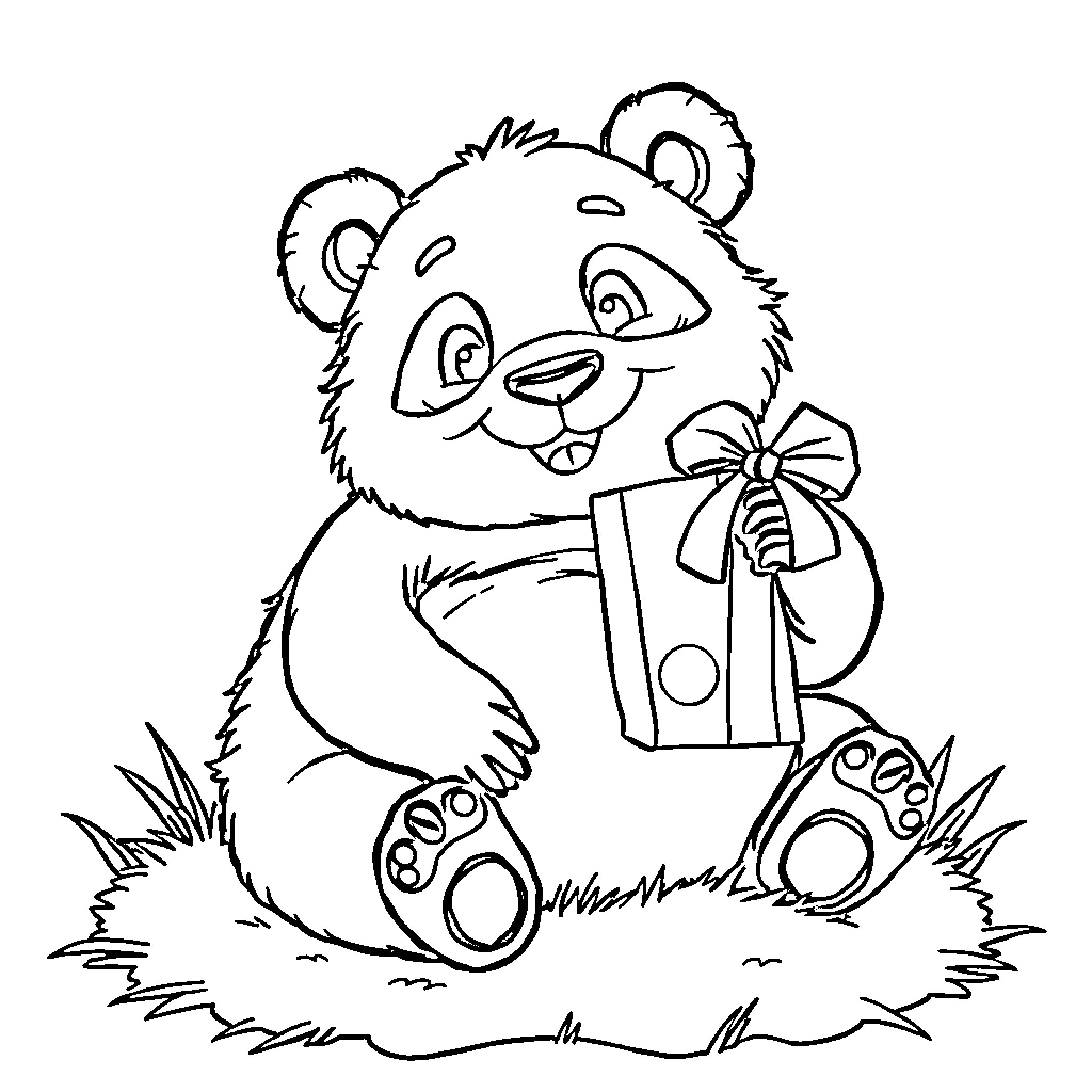 Panda holding a gift box Coloring Page (free black-and-white line drawing printable PDF for all, from beginners to advanced learners, including children, teens, adults, and seniors)