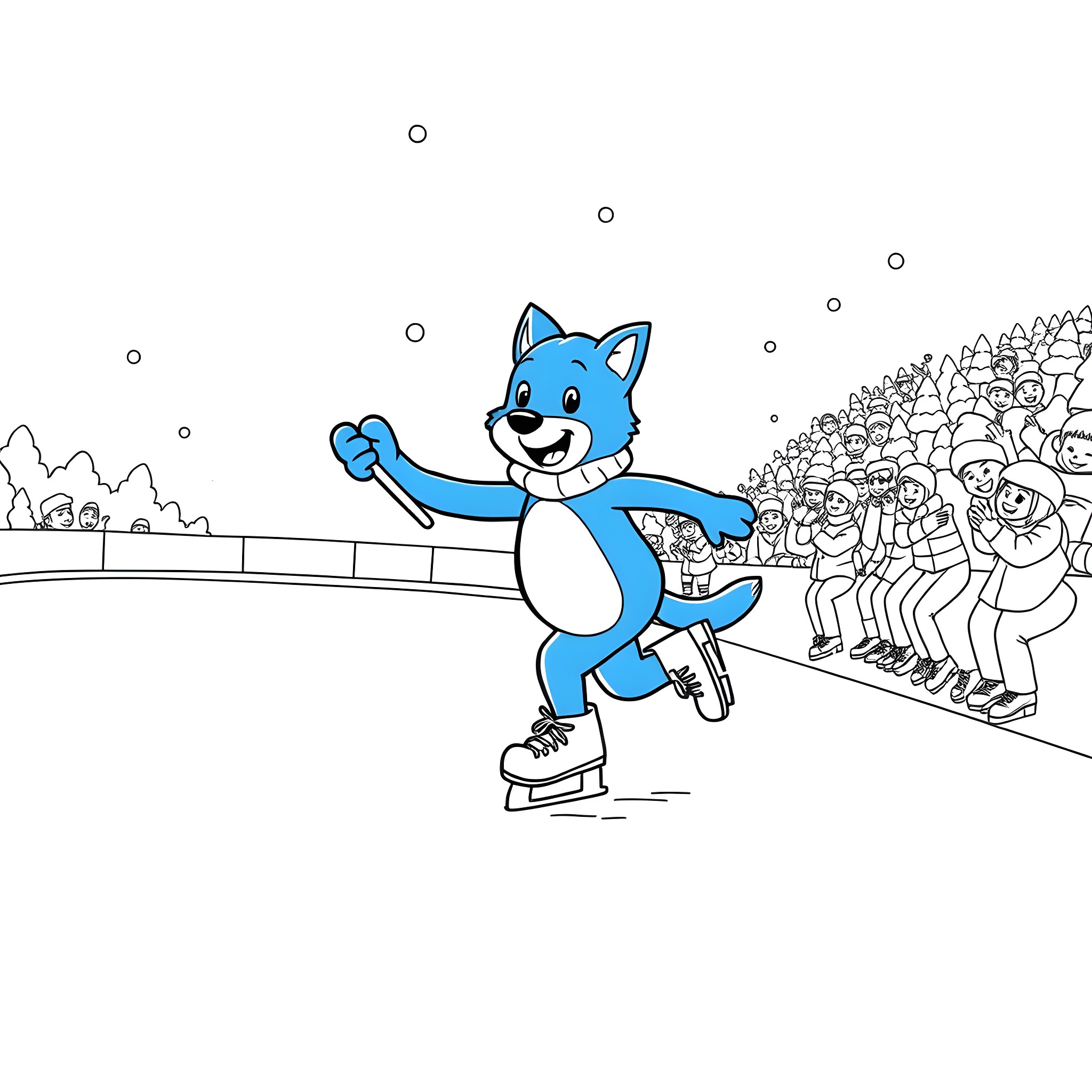 Bluey skating cheerfully with a crowd Coloring Page (free black-and-white line drawing printable PDF for all, from beginners to advanced learners, including children, teens, adults, and seniors)