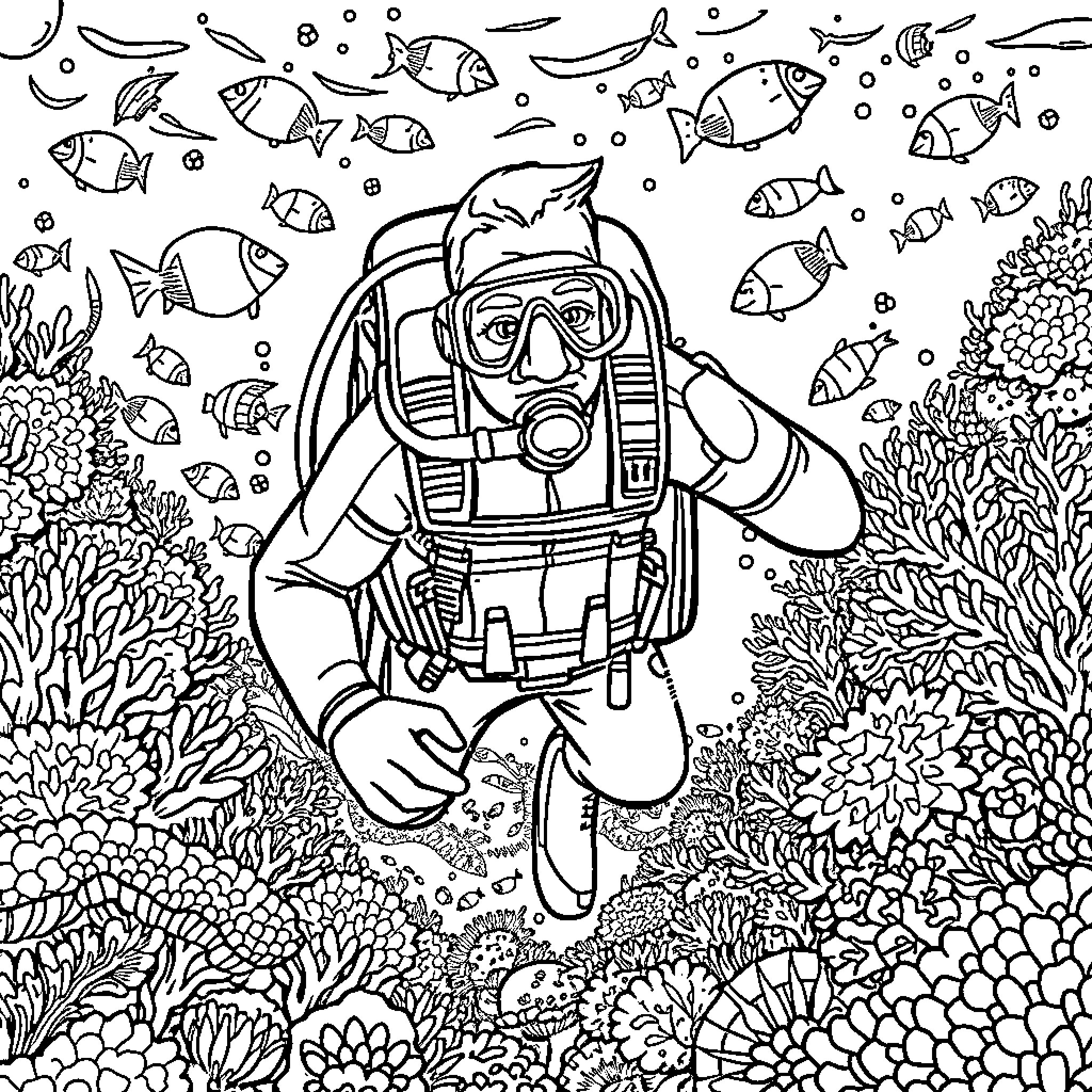 Creed Bratton exploring the underwater world Coloring Page (free black-and-white line drawing printable PDF for all, from beginners to advanced learners, including children, teens, adults, and seniors)