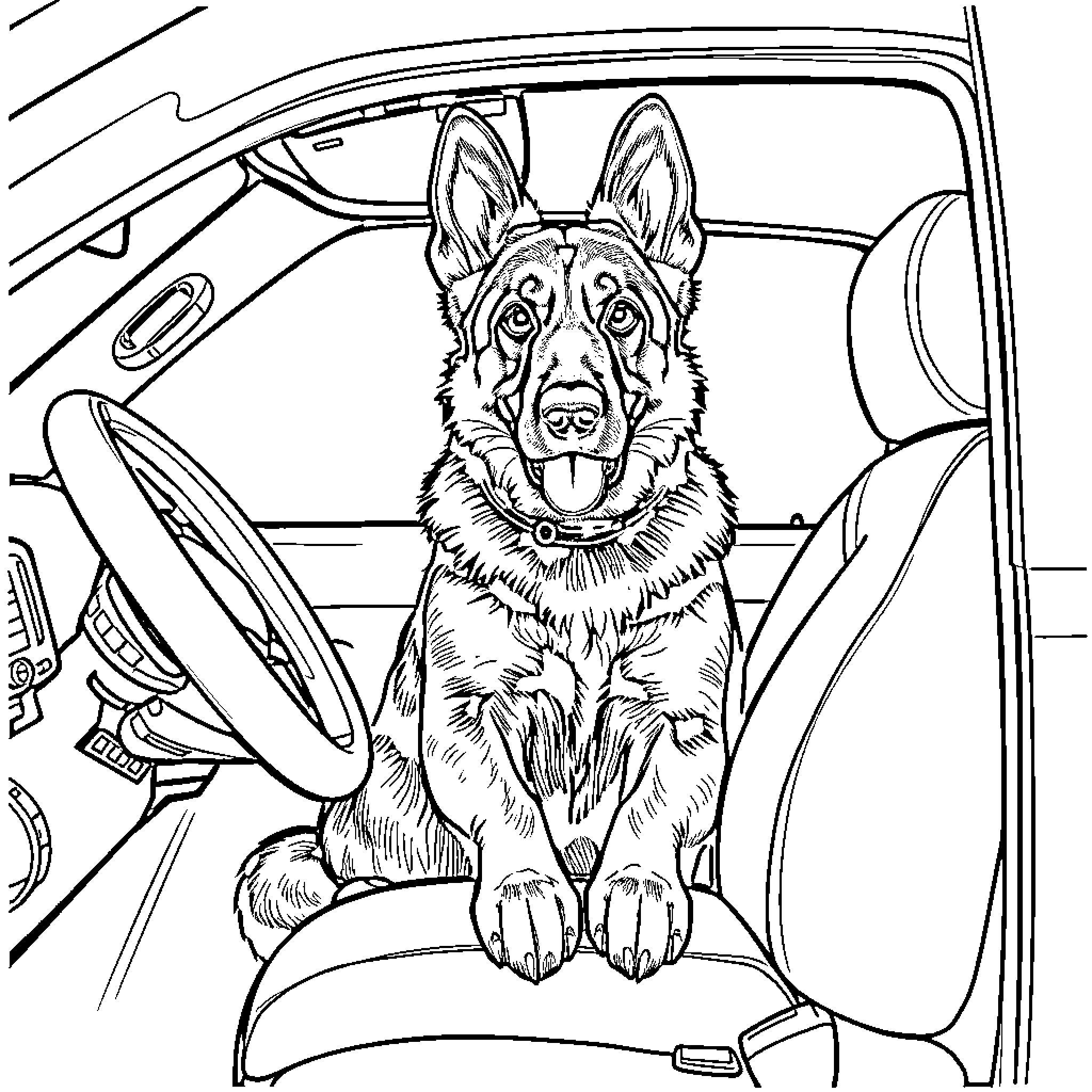 German Shepherd riding in a car Coloring Page (free black-and-white line drawing printable PDF for all, from beginners to advanced learners, including children, teens, adults, and seniors)