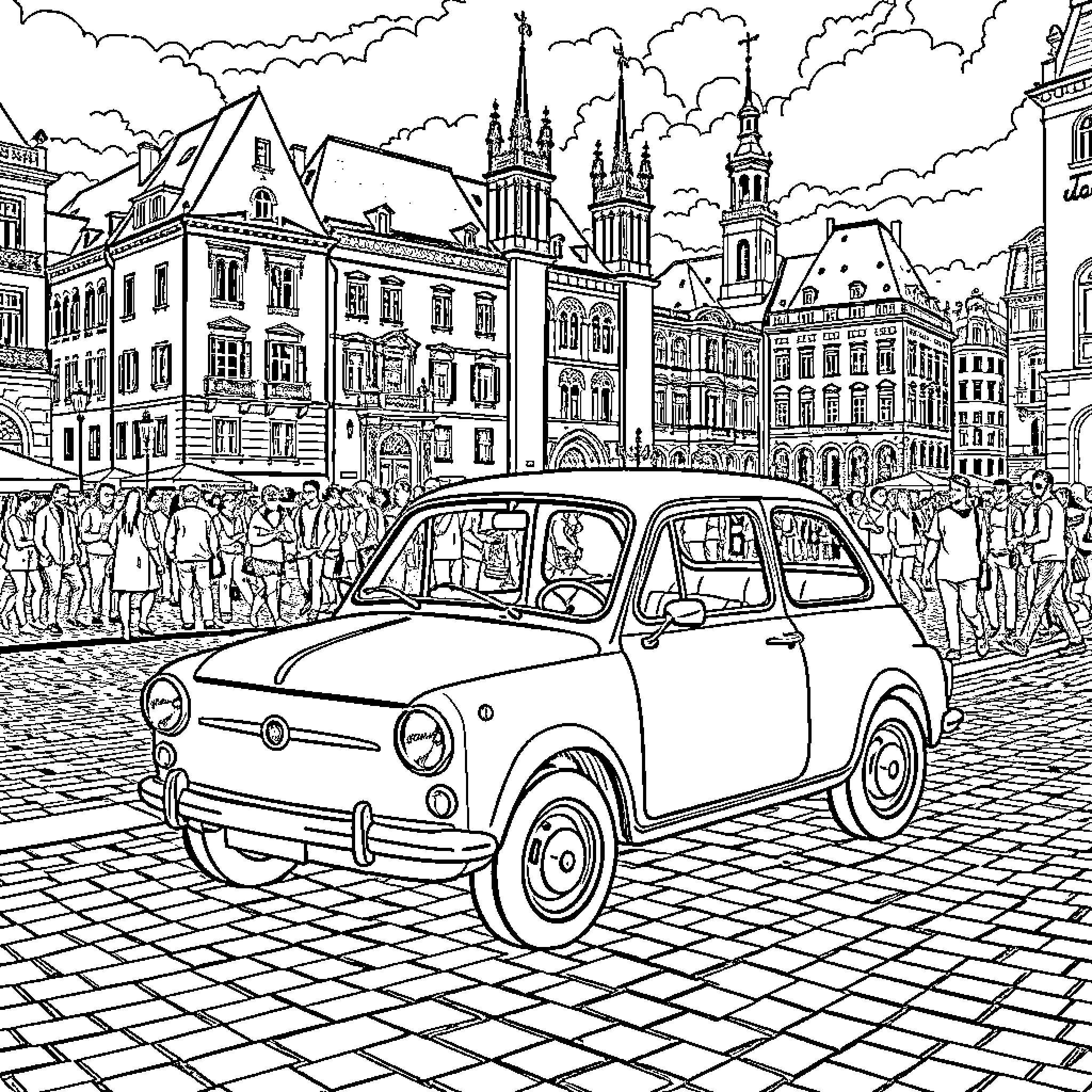 Fiat 126p driving through a crowded European city Coloring Page (free black-and-white line drawing printable PDF for all, from beginners to advanced learners, including children, teens, adults, and seniors)