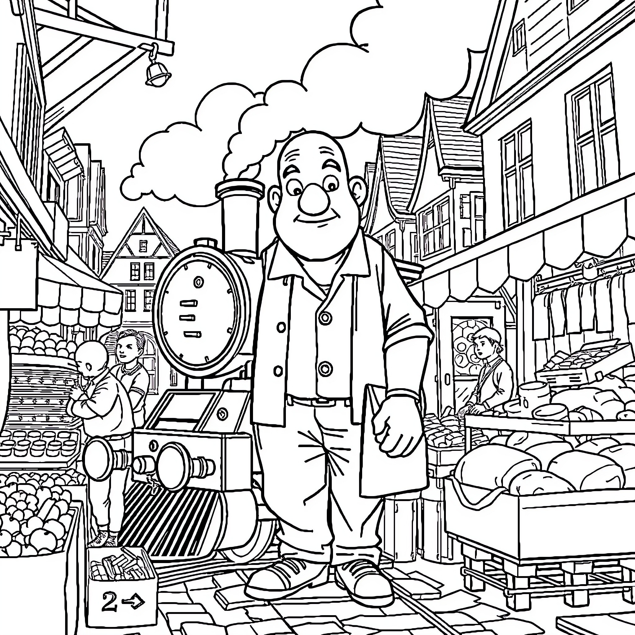 Krillin's Whimsical Stroll through the City Market Coloring Page (free black-and-white line drawing printable PDF for all, from beginners to advanced learners, including children, teens, adults, and seniors)