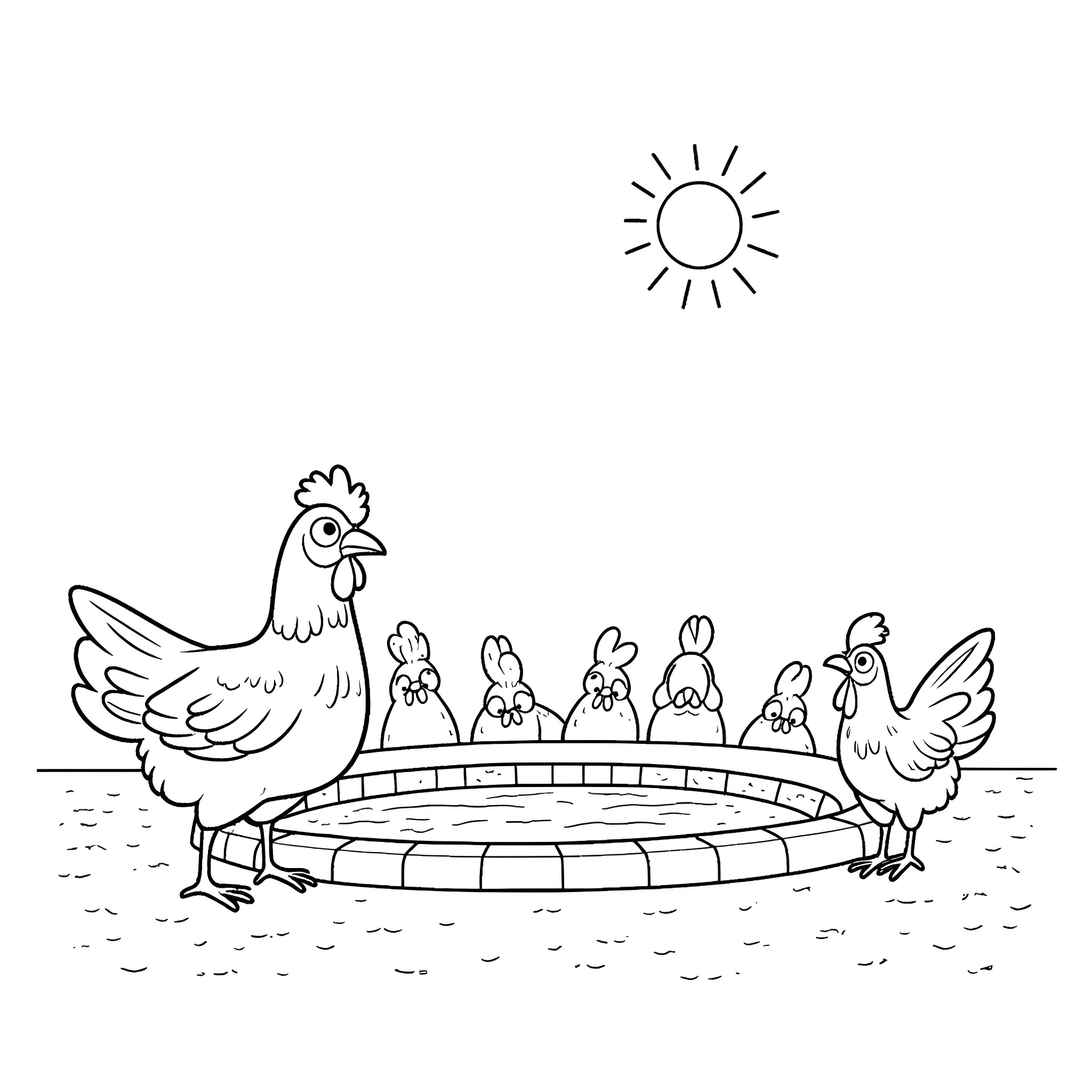 Chicken family relaxing in the bird bath under the sun Coloring Page (free black-and-white line drawing printable PDF for all, from beginners to advanced learners, including children, teens, adults, and seniors)