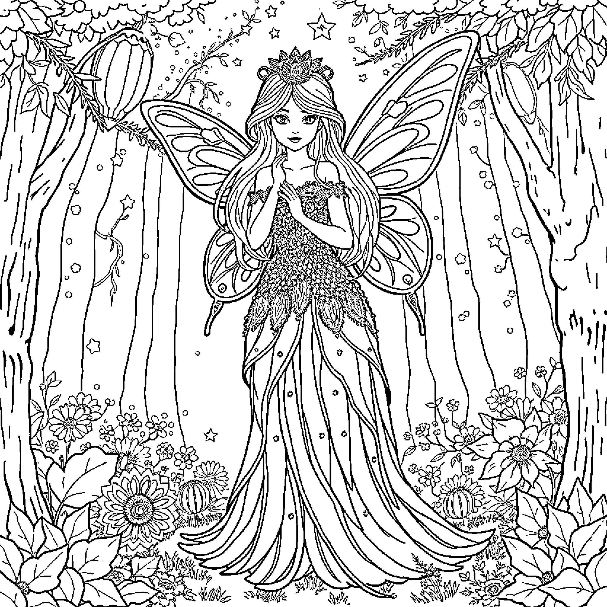 Fairy Princess in Enchanted Forest Coloring Page (free black-and-white line drawing printable PDF for all, from beginners to advanced learners, including children, teens, adults, and seniors)