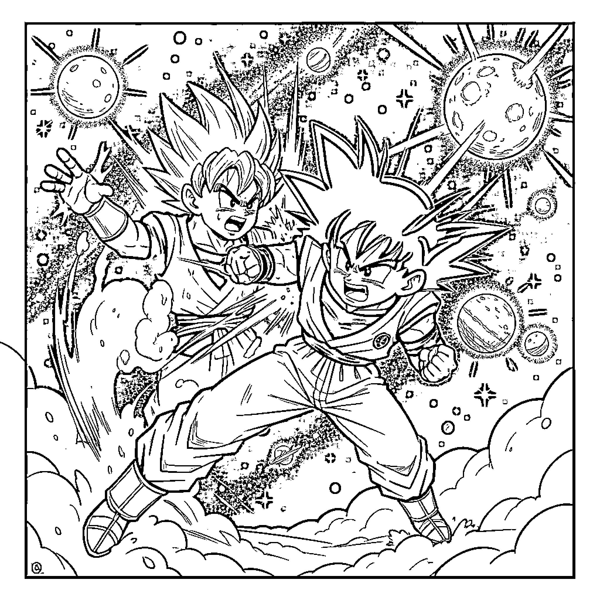 Dragon warriors engaging in an intense battle scene Coloring Page (free black-and-white line drawing printable PDF for all, from beginners to advanced learners, including children, teens, adults, and seniors)