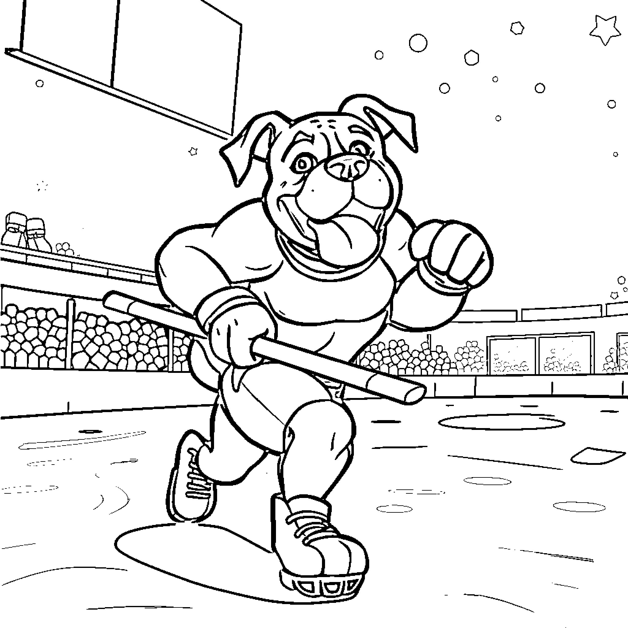 Boxer dog excitedly playing baseball Coloring Page (free black-and-white line drawing printable PDF for all, from beginners to advanced learners, including children, teens, adults, and seniors)