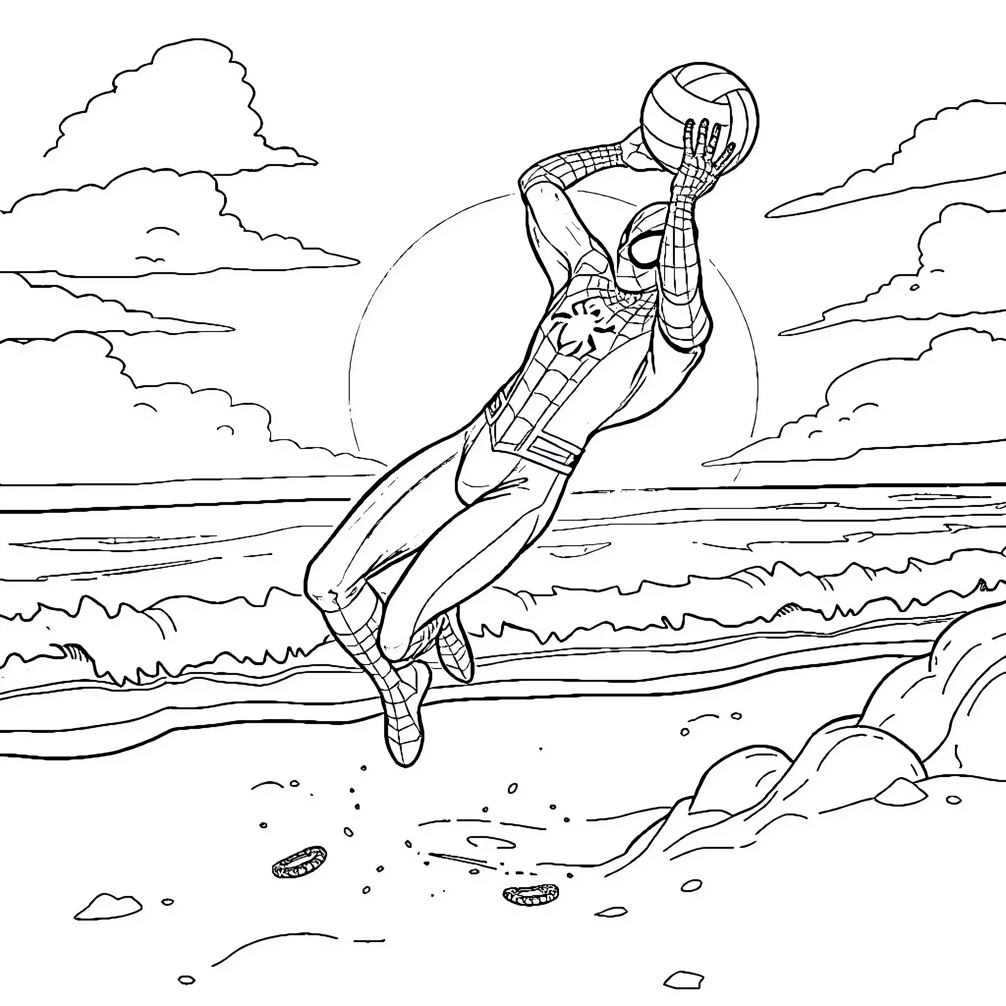 Spiderman swinging through the city skyline Coloring Page (free black-and-white line drawing printable PDF for all, from beginners to advanced learners, including children, teens, adults, and seniors)