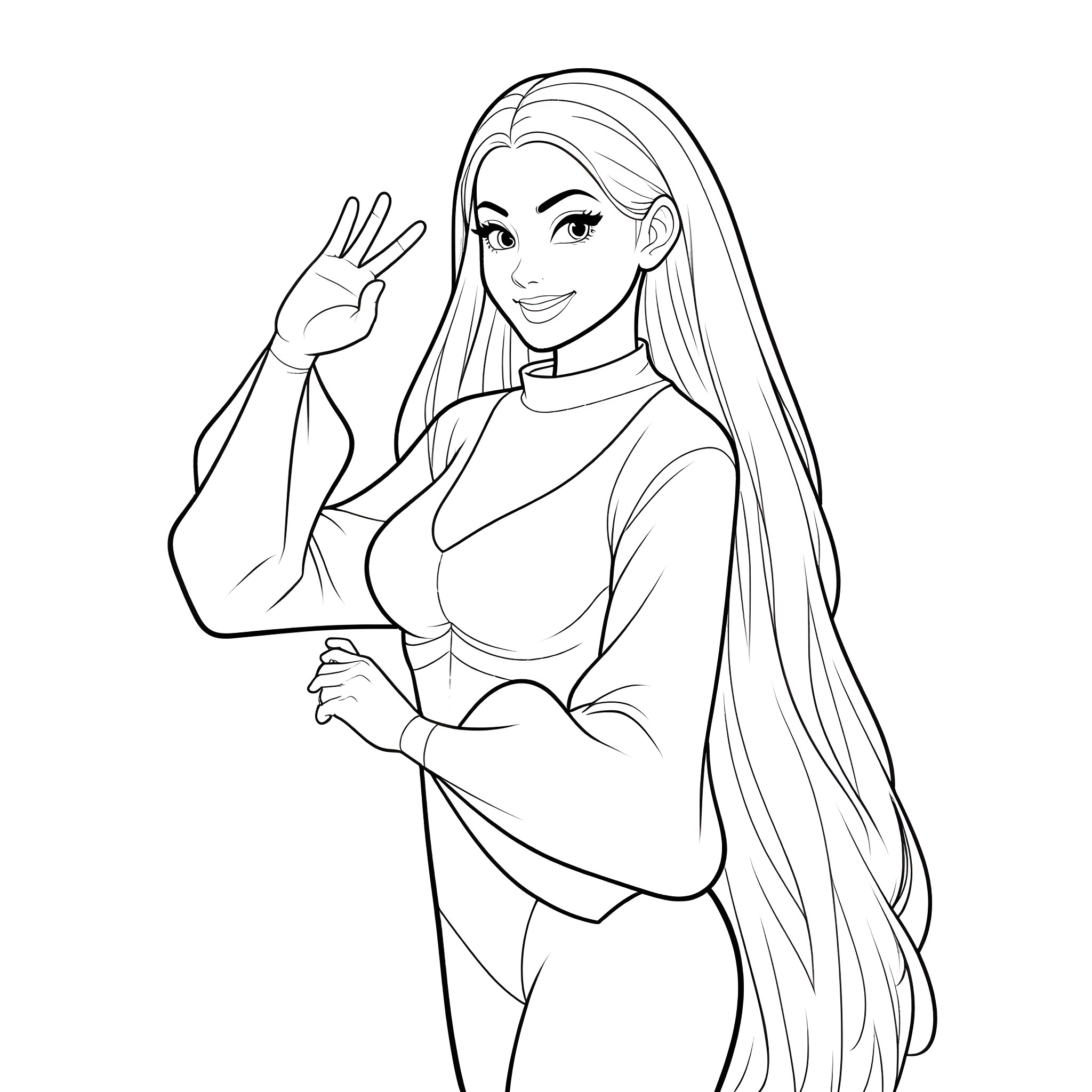 Ranni making a peace sign in casual outfit Coloring Page (free black-and-white line drawing printable PDF for all, from beginners to advanced learners, including children, teens, adults, and seniors)