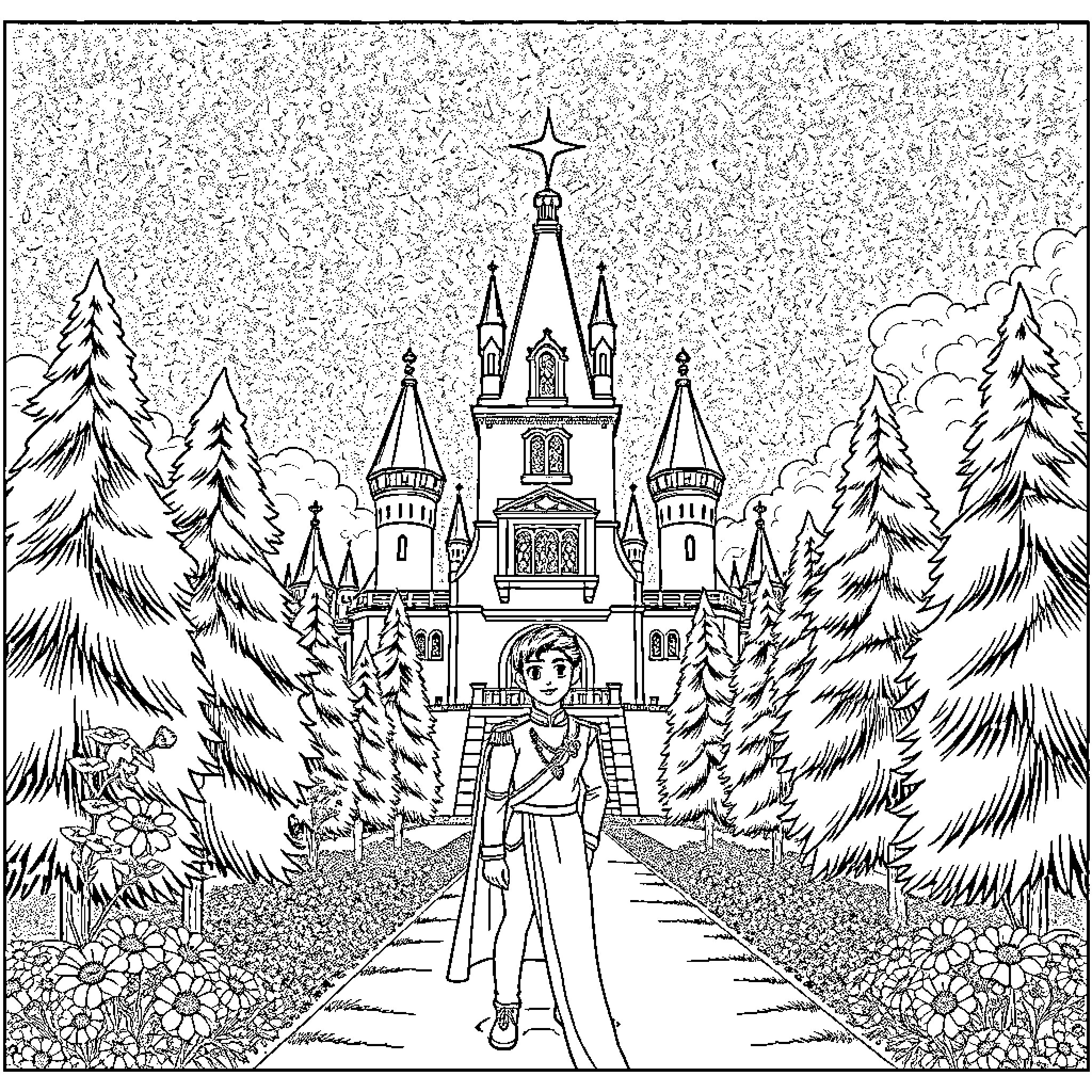 Prince stands before a magical castle in a winter wonderland Coloring Page (free black-and-white line drawing printable PDF for all, from beginners to advanced learners, including children, teens, adults, and seniors)