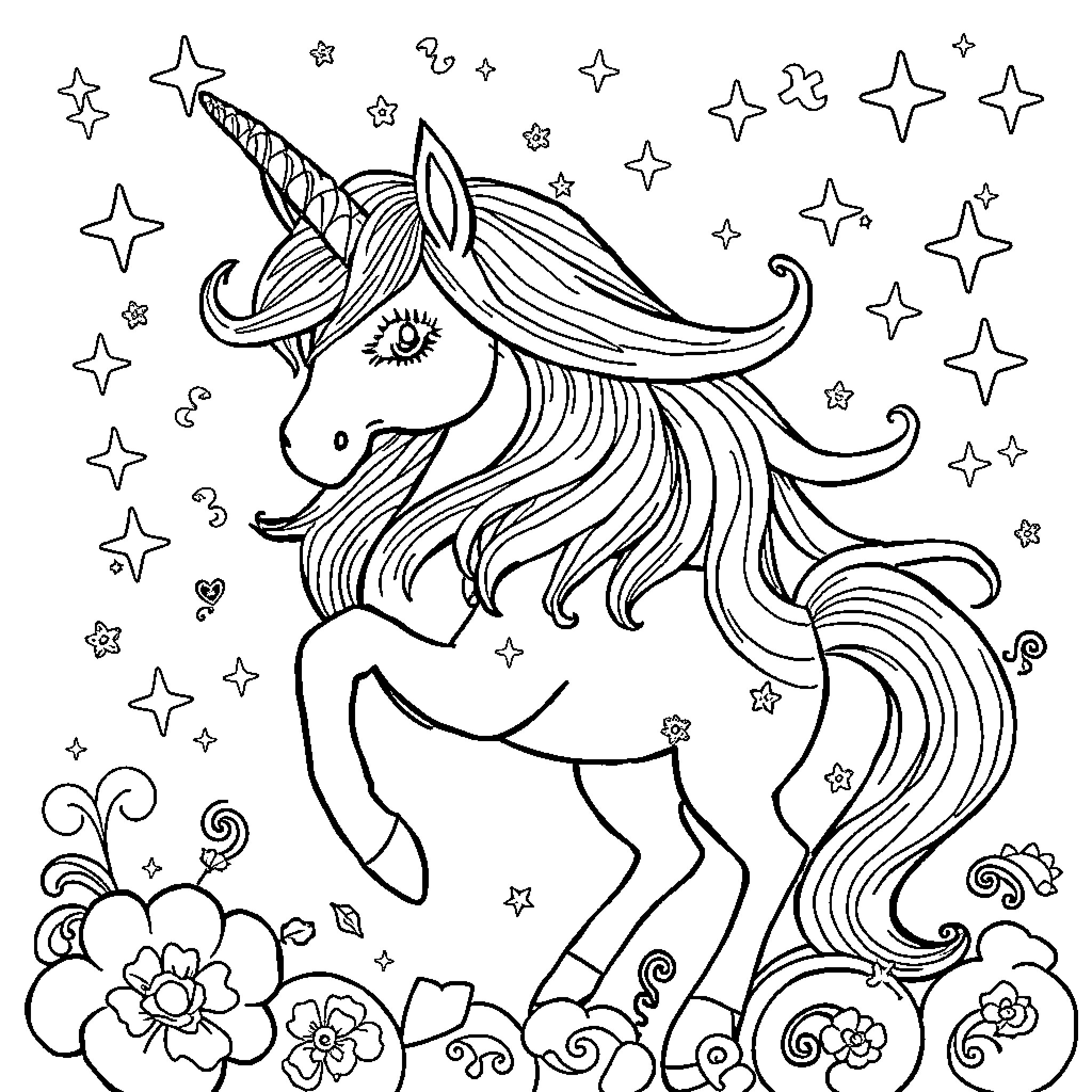 Unicorn dancing gracefully among the stars Coloring Page (free black-and-white line drawing printable PDF for all, from beginners to advanced learners, including children, teens, adults, and seniors)