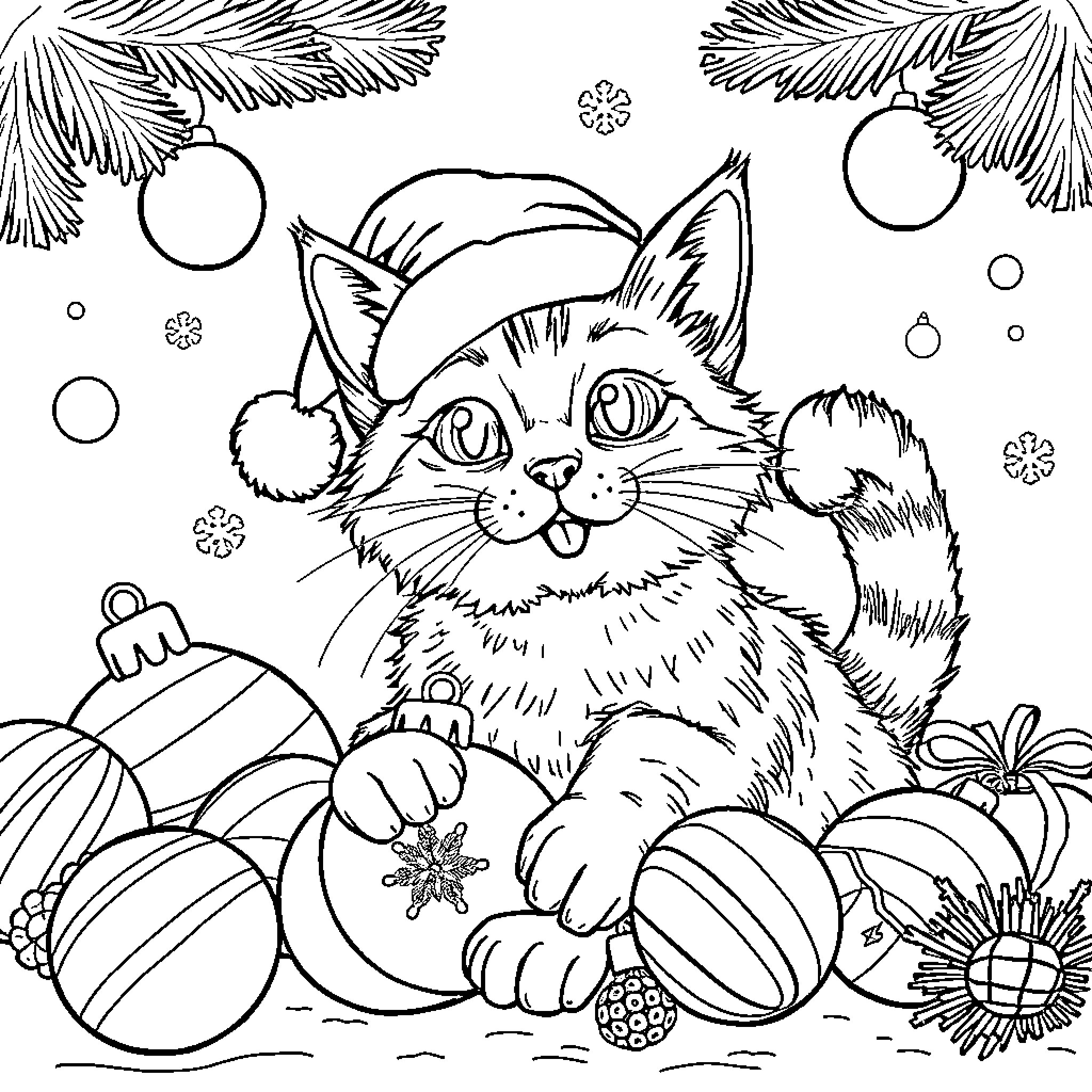Cat playing with Christmas ornaments and snowflakes Coloring Page (free black-and-white line drawing printable PDF for all, from beginners to advanced learners, including children, teens, adults, and seniors)