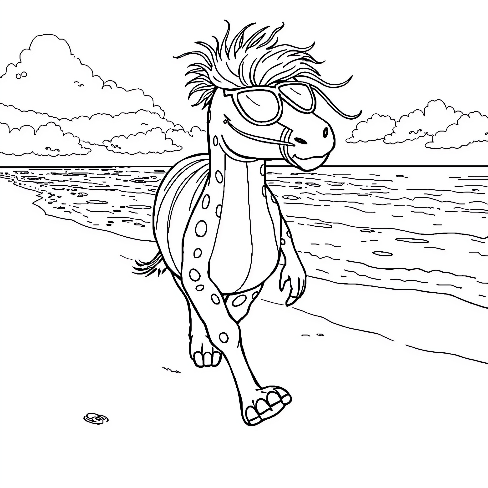 Labubu's Beachfront Frolic Coloring Page (free black-and-white line drawing printable PDF for all, from beginners to advanced learners, including children, teens, adults, and seniors)