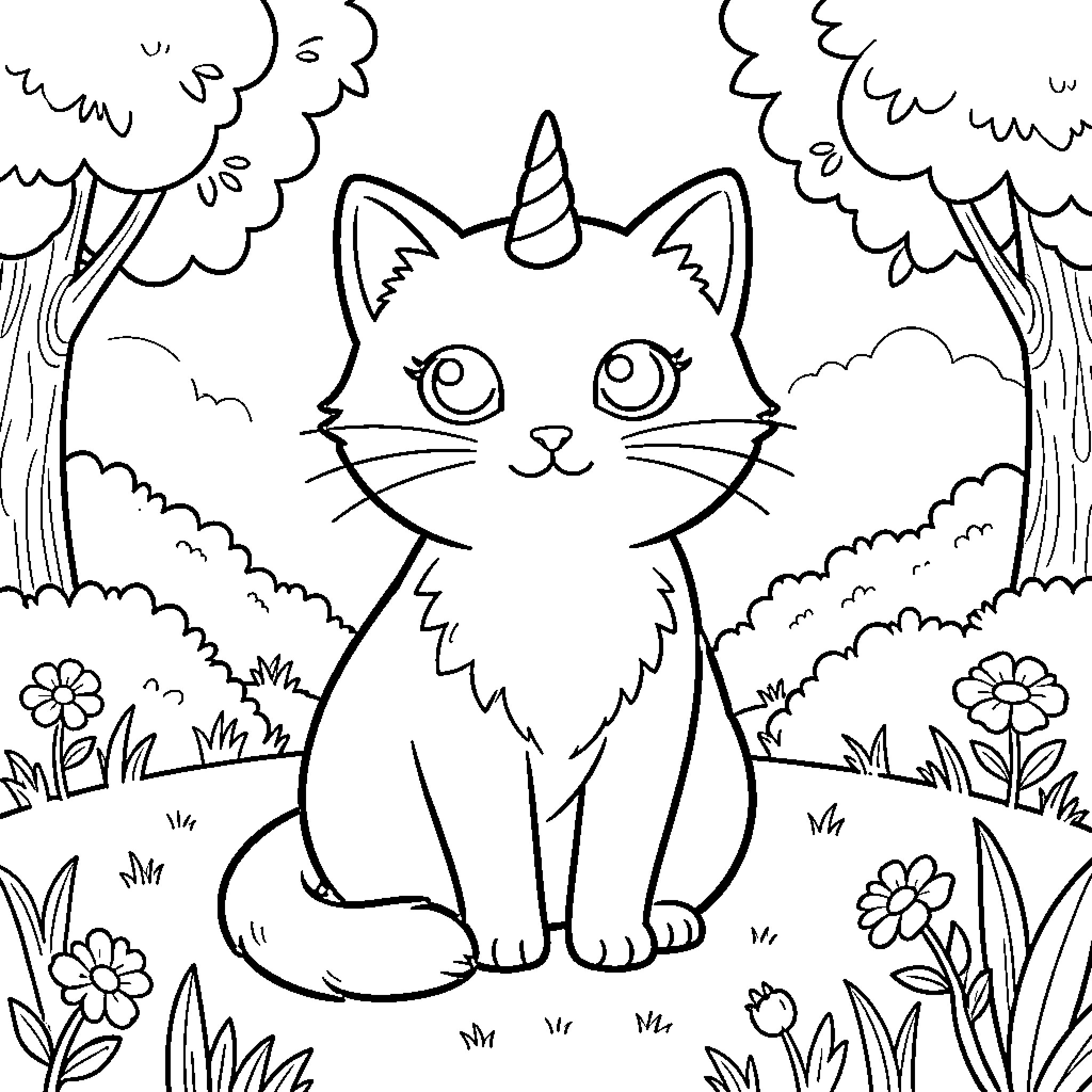 Unicorn Cat sitting peacefully in a flowery meadow Coloring Page (free black-and-white line drawing printable PDF for all, from beginners to advanced learners, including children, teens, adults, and seniors)