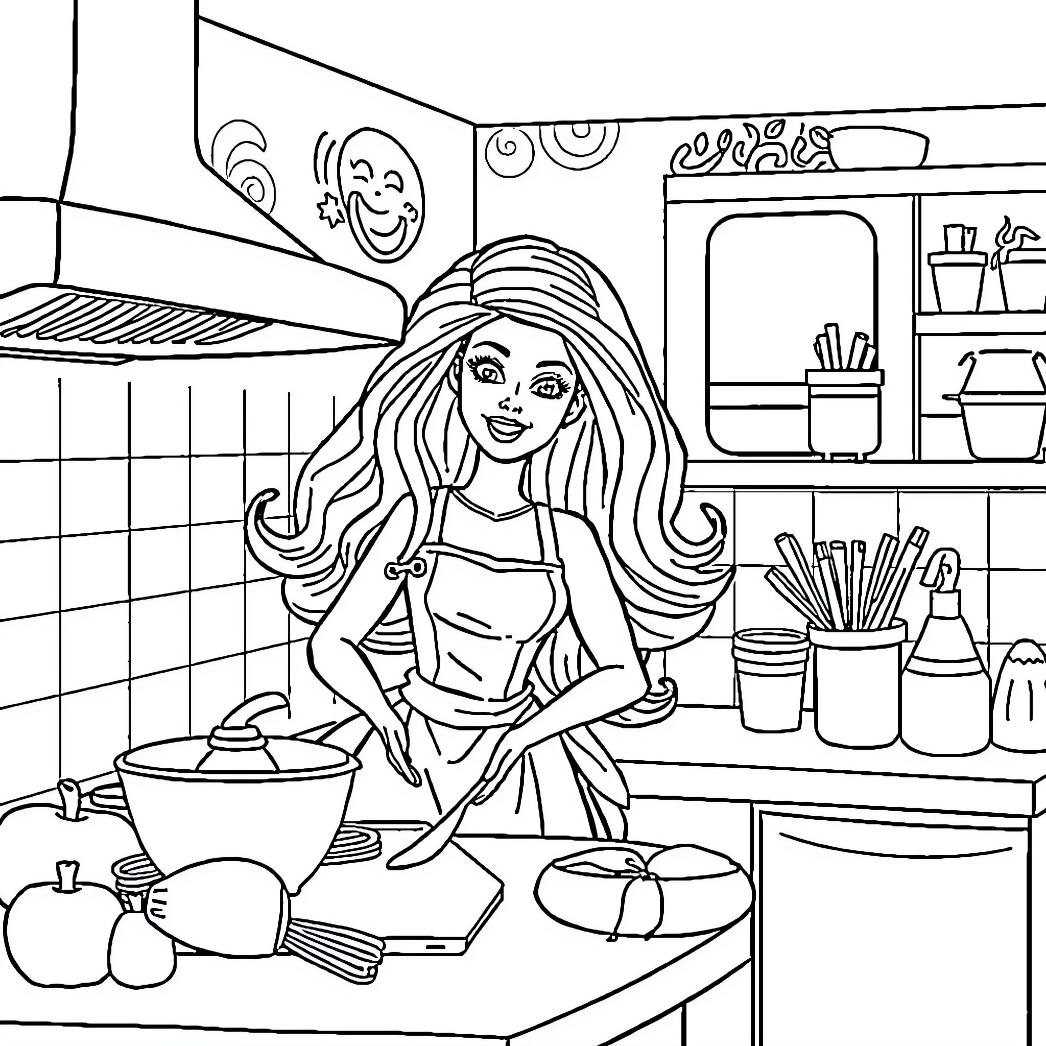 Barbie cooking happily in the kitchen Coloring Page (free black-and-white line drawing printable PDF for all, from beginners to advanced learners, including children, teens, adults, and seniors)