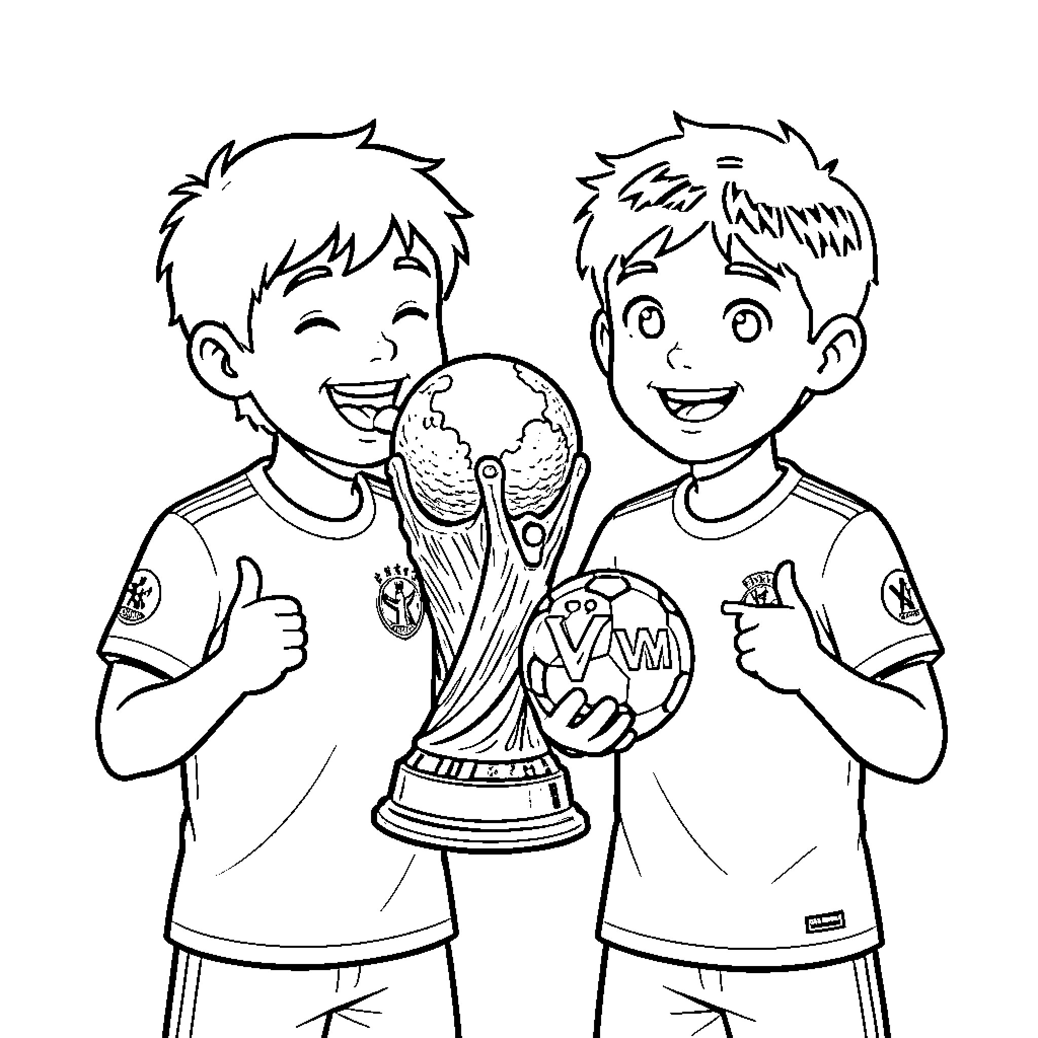Lamine Yamal celebrating with a trophy and football Coloring Page (free black-and-white line drawing printable PDF for all, from beginners to advanced learners, including children, teens, adults, and seniors)