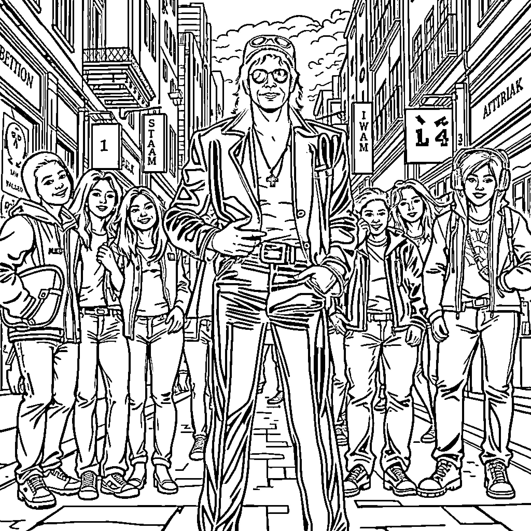 Michael Jackson's Vibrant Stage Presence Captivates the Crowd Coloring Page (free black-and-white line drawing printable PDF for all, from beginners to advanced learners, including children, teens, adults, and seniors)