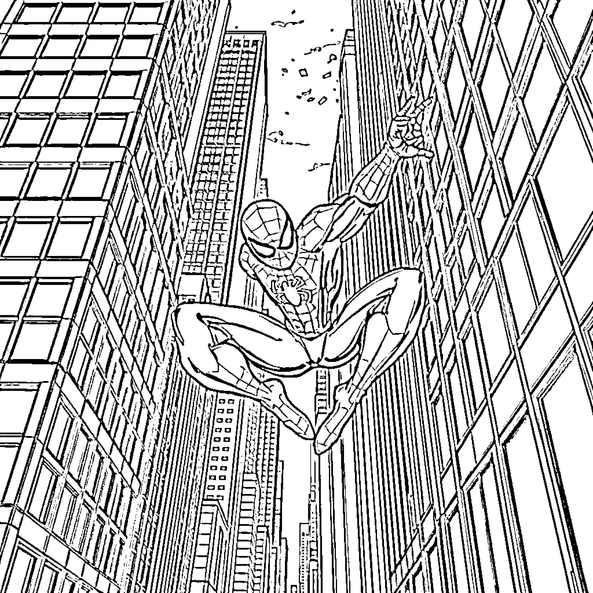 Spiderman swinging through a canyon of skyscrapers Coloring Page (free black-and-white line drawing printable PDF for all, from beginners to advanced learners, including children, teens, adults, and seniors)