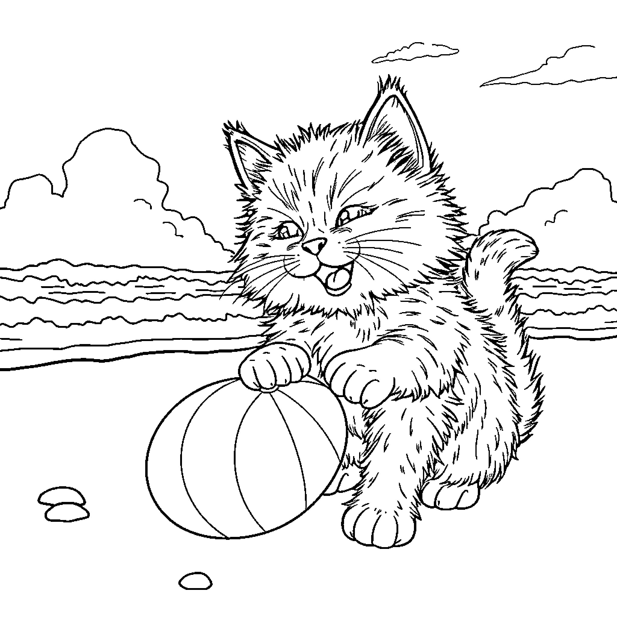 Cat playing with a beach ball on the shore Coloring Page (free black-and-white line drawing printable PDF for all, from beginners to advanced learners, including children, teens, adults, and seniors)
