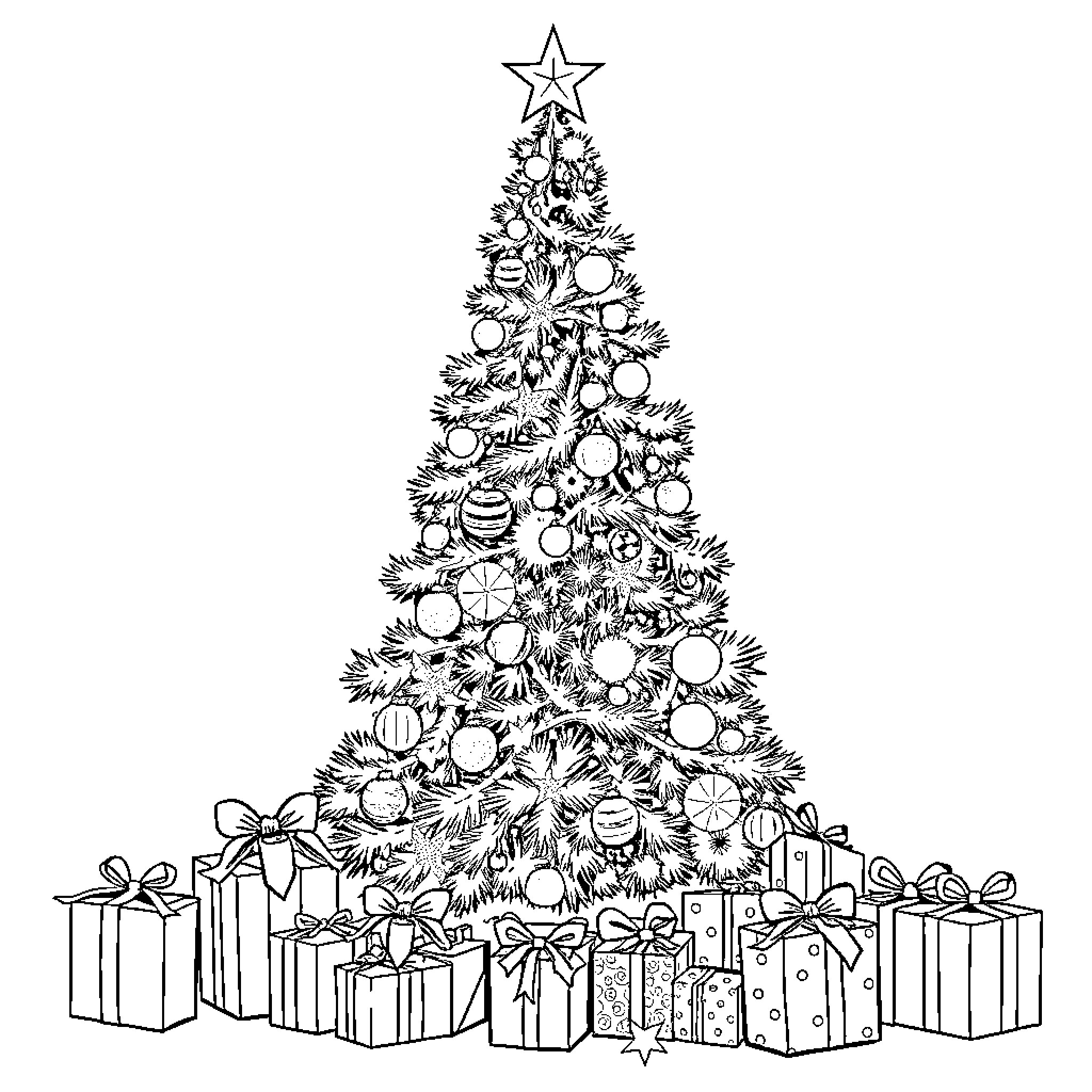 Christmas Tree Adorned with Festive Ornaments and Presents Coloring Page (free black-and-white line drawing printable PDF for all, from beginners to advanced learners, including children, teens, adults, and seniors)