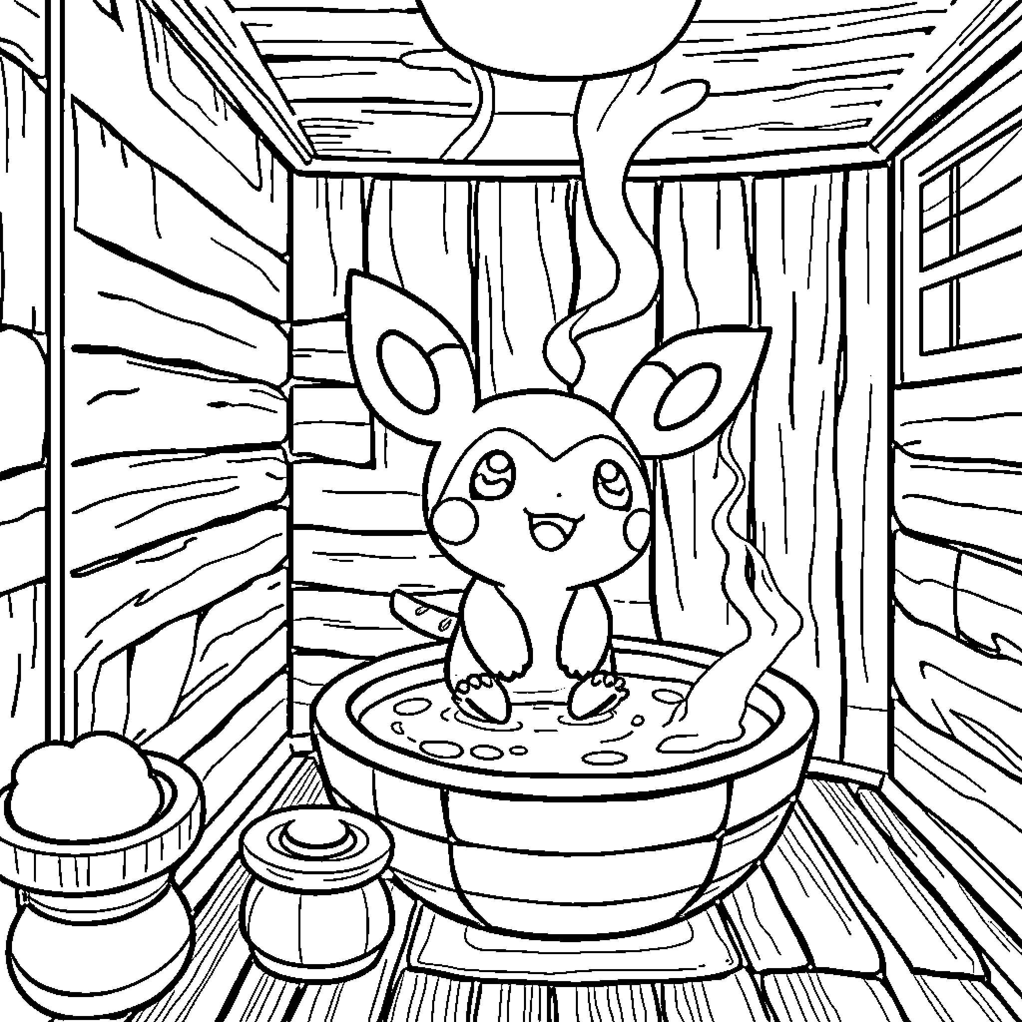 Froakie sitting happily in a steaming wooden tub Coloring Page (free black-and-white line drawing printable PDF for all, from beginners to advanced learners, including children, teens, adults, and seniors)