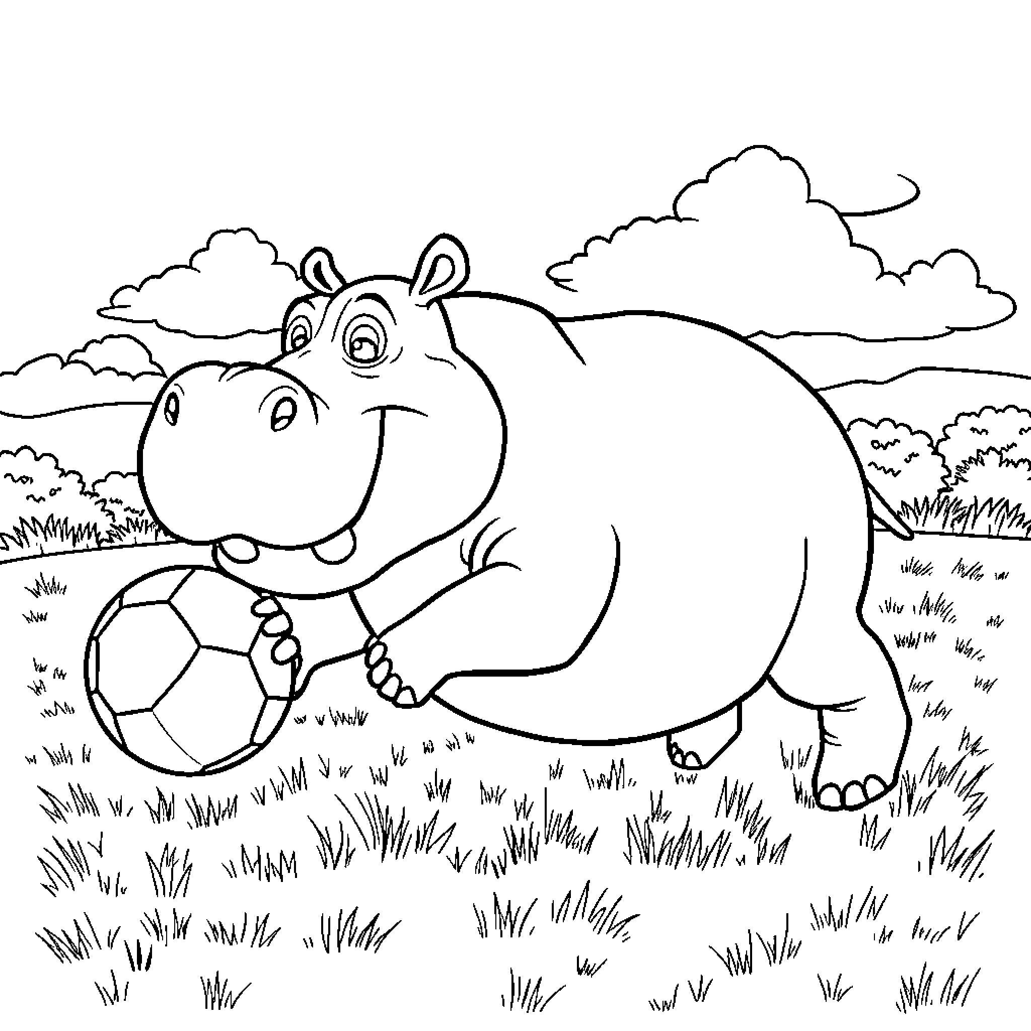 Hippo playing with soccer ball in grassy field Coloring Page (free black-and-white line drawing printable PDF for all, from beginners to advanced learners, including children, teens, adults, and seniors)
