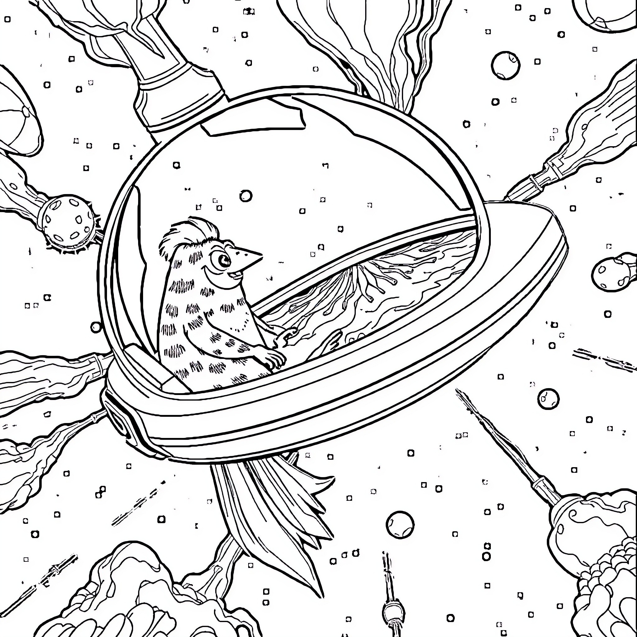 Ogu's Cosmic Exploration in the Celestial Realm Coloring Page (free black-and-white line drawing printable PDF for all, from beginners to advanced learners, including children, teens, adults, and seniors)