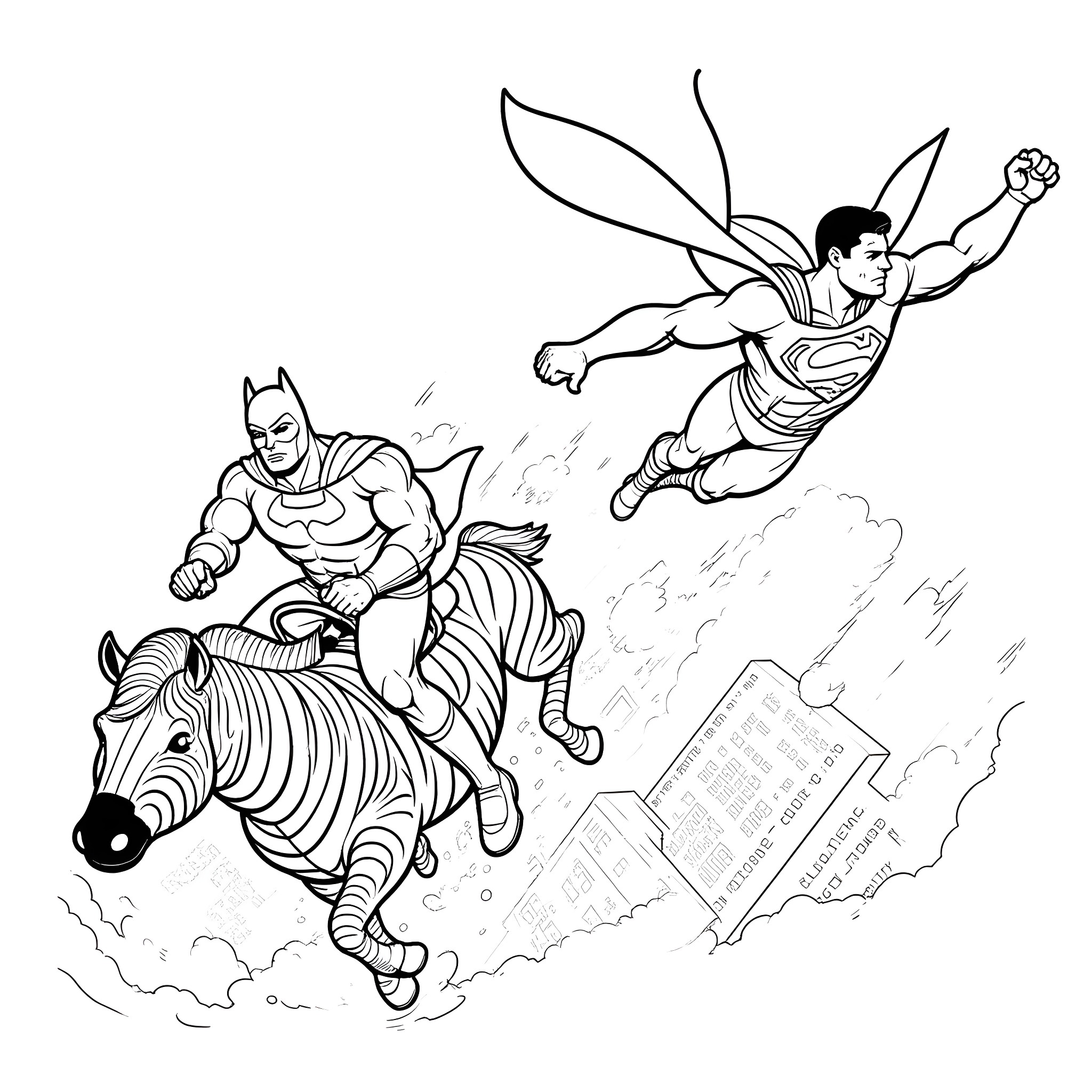 Superman flying over a city with Batman on a zebra Coloring Page (free black-and-white line drawing printable PDF for all, from beginners to advanced learners, including children, teens, adults, and seniors)