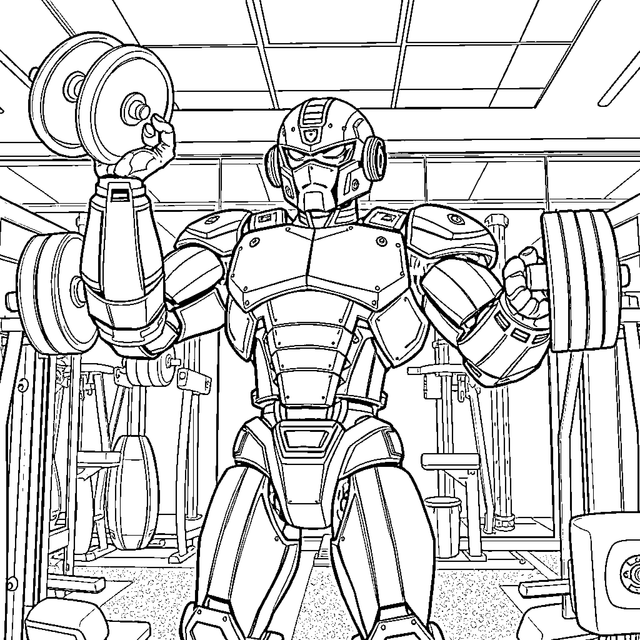 Mazinguer Z Prepares for Battle in Futuristic Gym Coloring Page (free black-and-white line drawing printable PDF for all, from beginners to advanced learners, including children, teens, adults, and seniors)