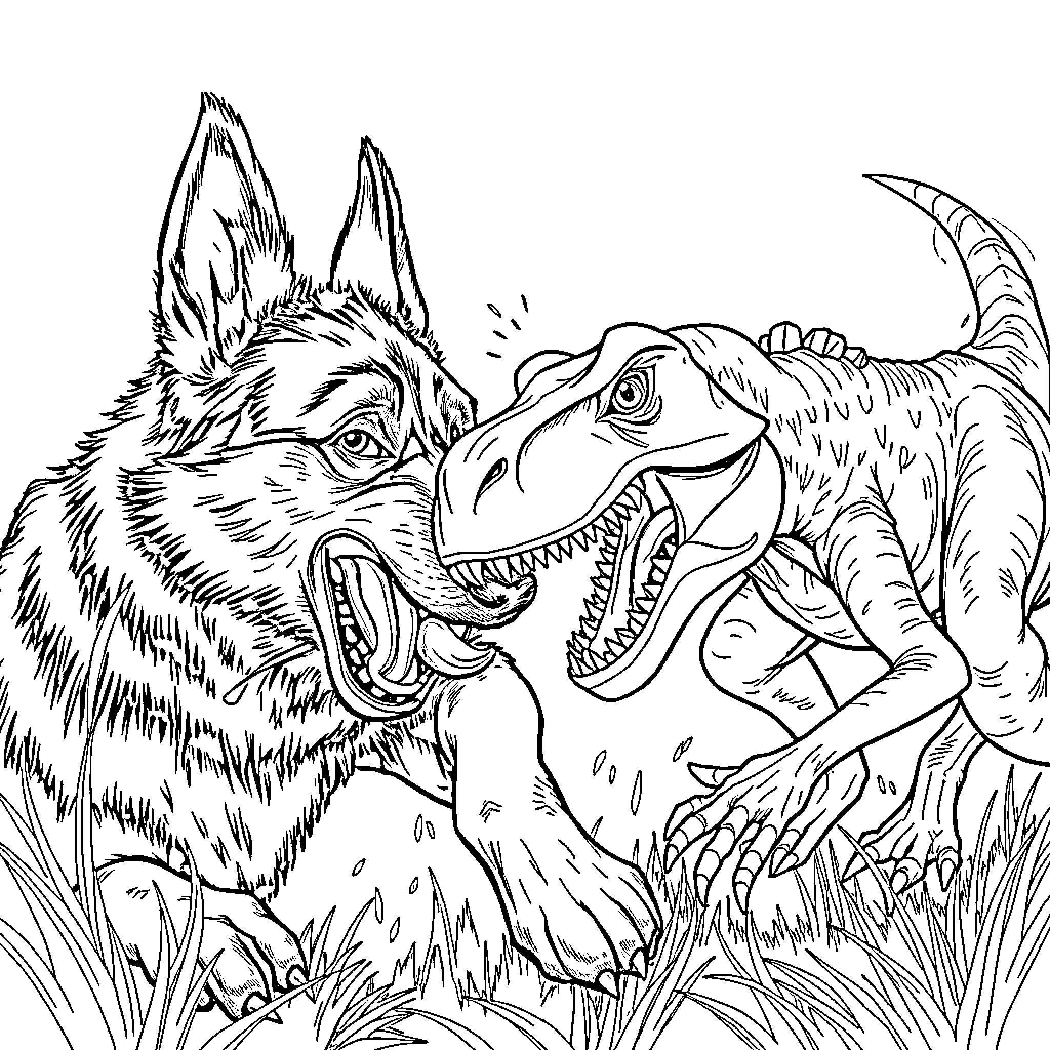 German Shepherd confronting a Fierce Dinosaur Coloring Page (free black-and-white line drawing printable PDF for all, from beginners to advanced learners, including children, teens, adults, and seniors)