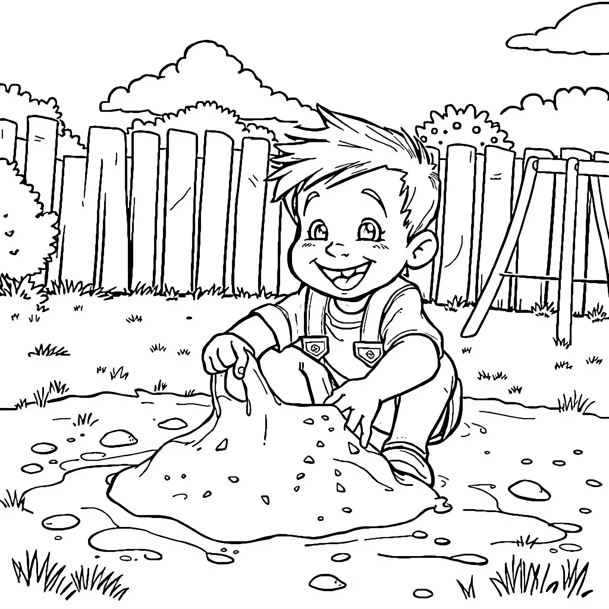 Boss Playing Joyfully in Nature Coloring Page (free black-and-white line drawing printable PDF for all, from beginners to advanced learners, including children, teens, adults, and seniors)