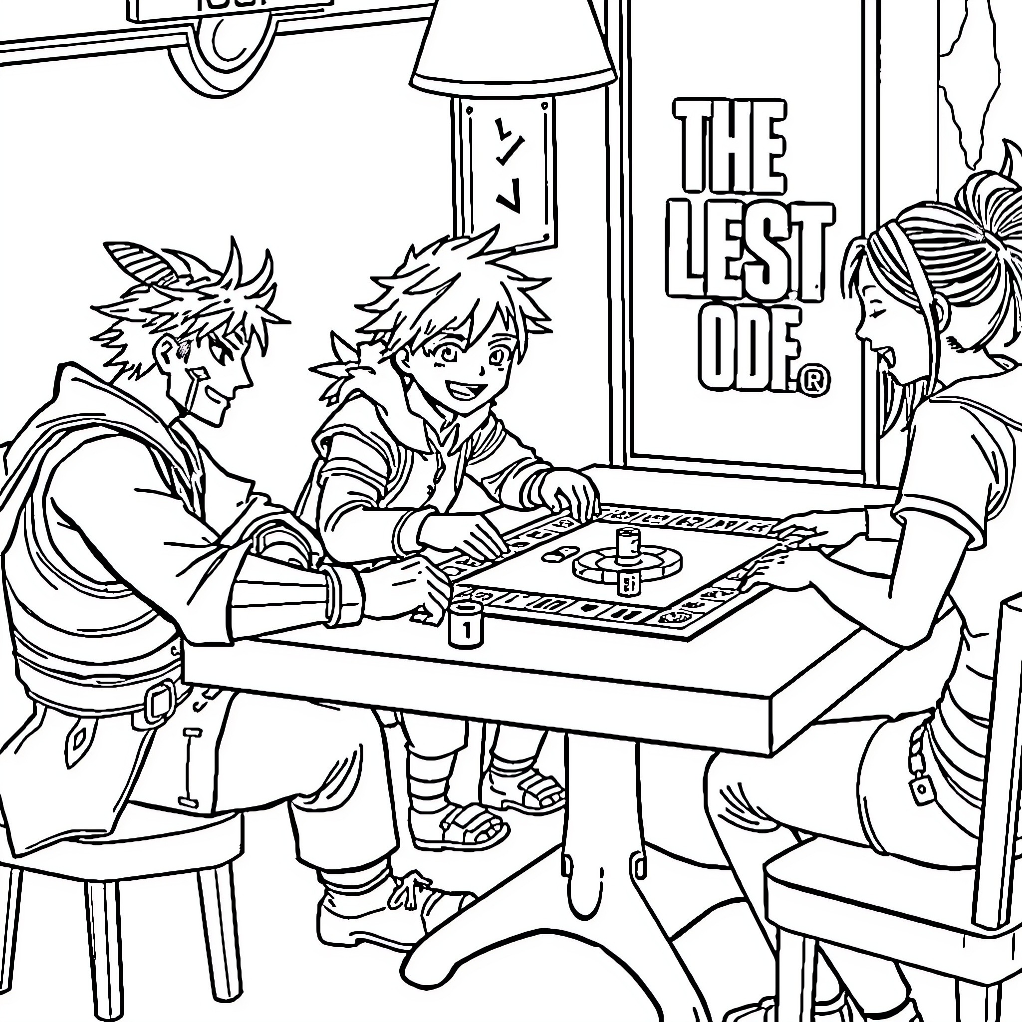 Character group playing board game at table Coloring Page (free black-and-white line drawing printable PDF for all, from beginners to advanced learners, including children, teens, adults, and seniors)