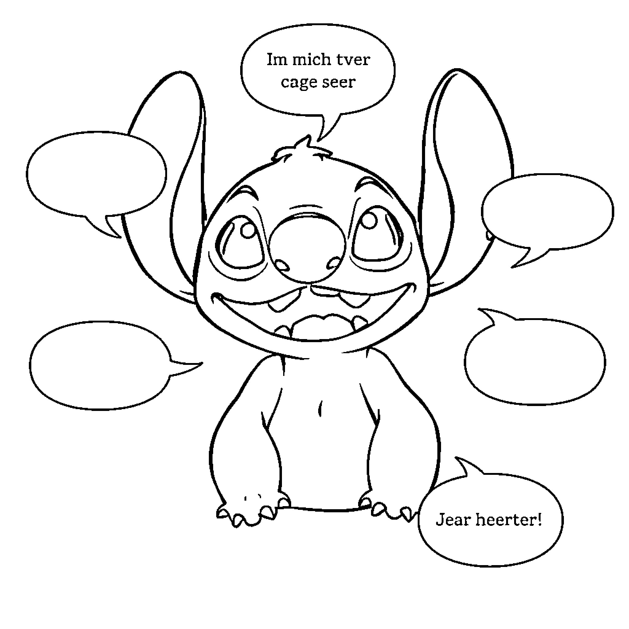 Stitch's Mischievous Antics Coloring Page (free black-and-white line drawing printable PDF for all, from beginners to advanced learners, including children, teens, adults, and seniors)